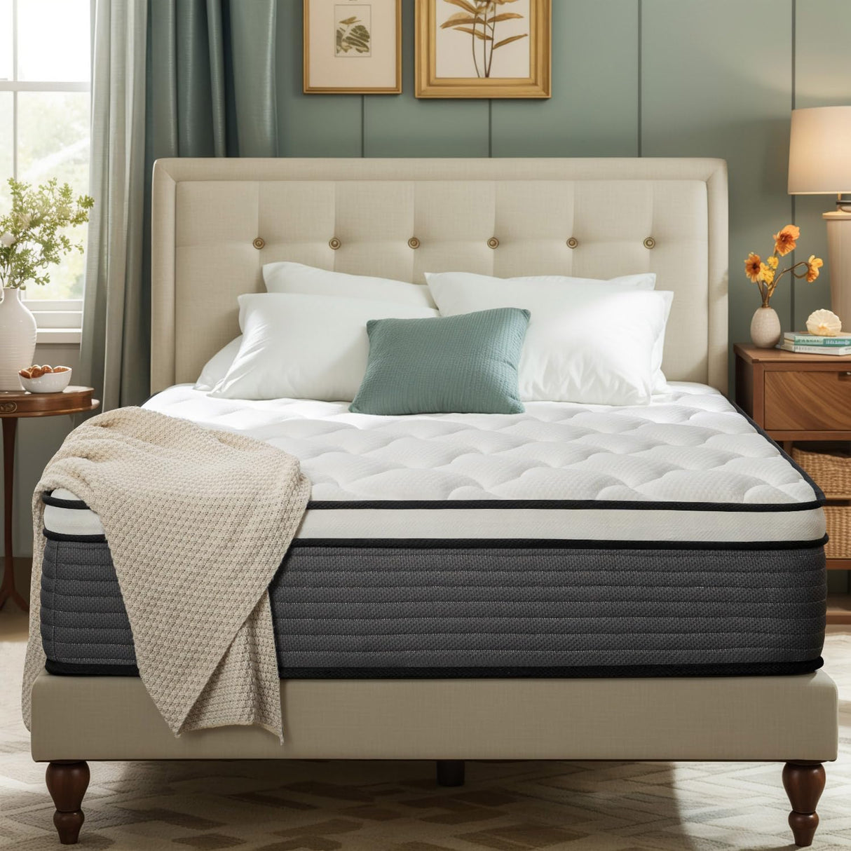 Full Mattress, 14 Inch Pillow Top Hybrid Mattress in a Box Medium Firm Fiberglass-Free, Soft Breathable Pressure Relief Memory Foam Pocket Innerspring Bed, CertiPUR-US Certified PAMYO