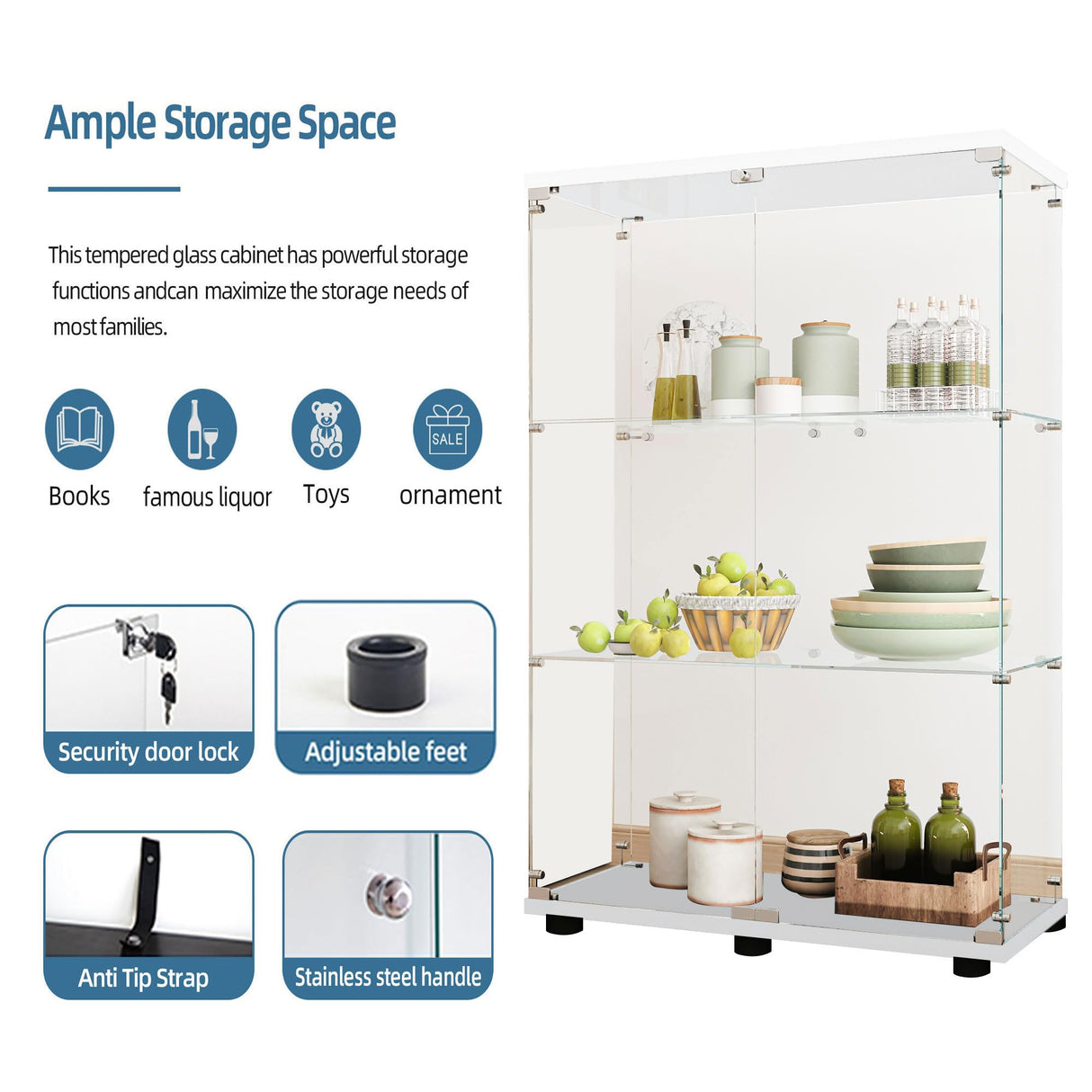 Maxtude 49.17" Tall Tempered Glass Display Cabinet with LED Lights, Curio Cabinet with 3 Shelves with 2 Door, Quick-Install Style Floor Standing Bookshelf File Cabinet for Living Room Office Maxtude