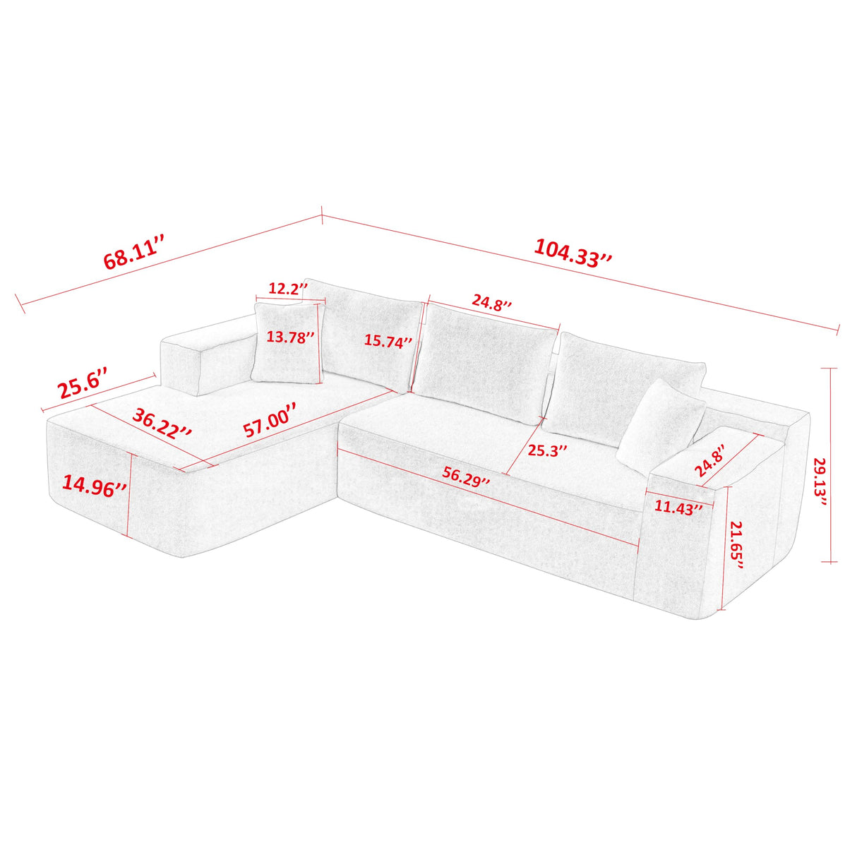 VnndeNest 104'' Modular Sectional Couch, Lambwool Sherpa Fabric Corner Sofa, Comfy Upholstered L-Shape Sectional Sofa with Chaise Lounge, 5 Seater Cloud Sofa for Living Room, Bedroom, Apartment, White VnndeNest