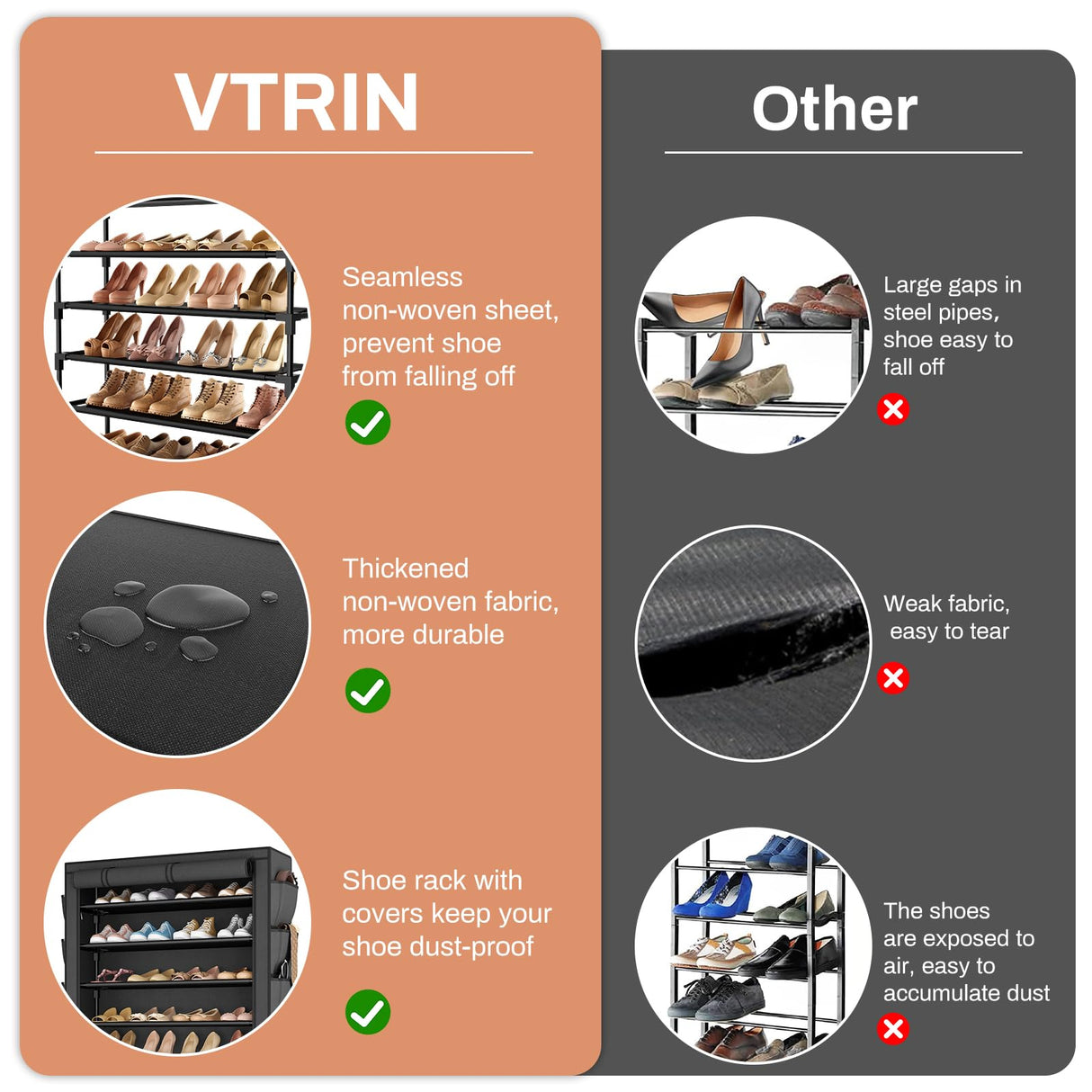 VTRIN Tall Shoe Rack with Cover, 10 Tier Shoe Organizer Storage for 50-55 Pairs Shoes and Boots Large Capacity Shoe Shelf with 8 Pockets Free Standing Shoe Rack for Closet, Entryway, Garage VTRIN