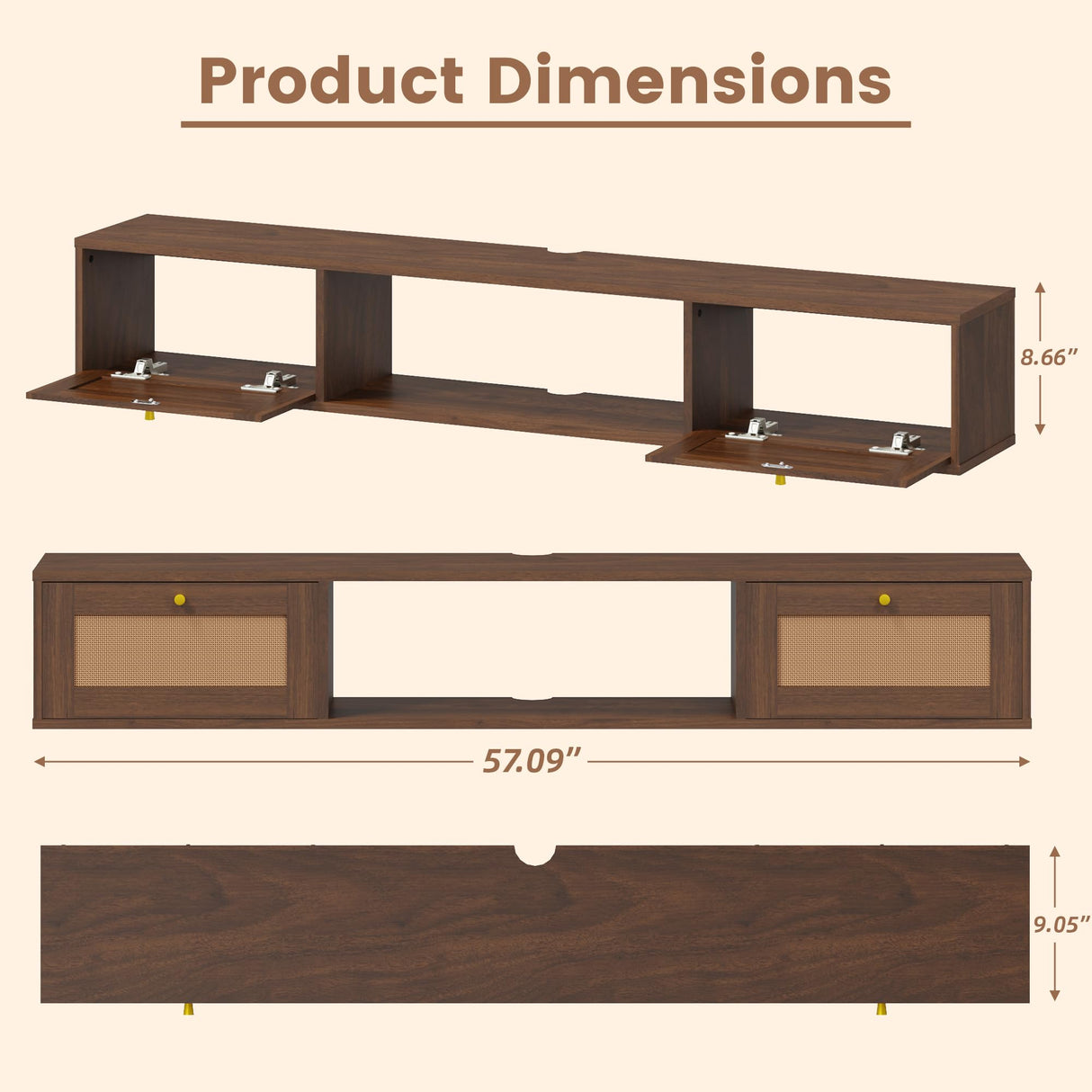 EROMMY Modern Rattan Floating TV Stand, Rectangular Wall-Mounted Floating Stand for TVs with Doors, Entertainment Center for Under TV Storage, 57 inch, Caramel Oak EROMMY