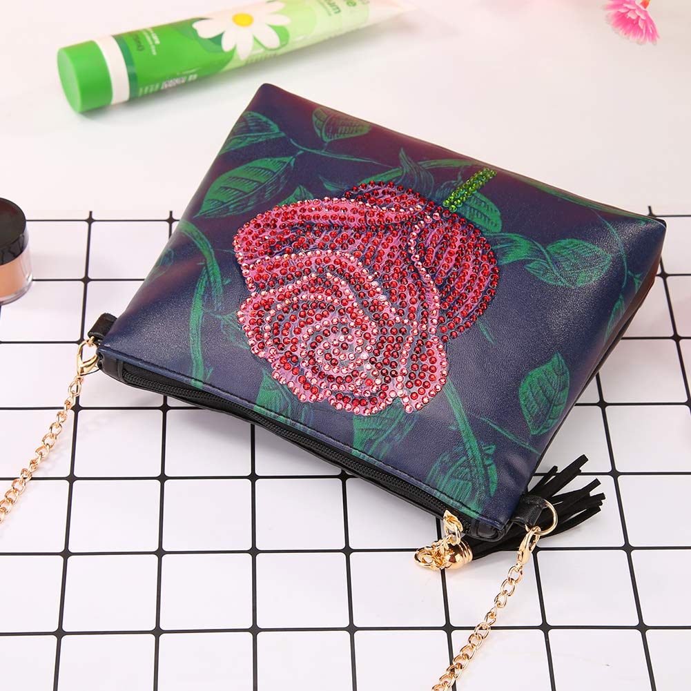 Diamond Painting Kits for Kids & Adult Cross-Body Handbag with Chain 5D DIY Rhinestone Cross Stitch Arts Craft Makeup Shoulder Bag Zipper for Christmas Gift Ross Beauty (Rose) Ross Beauty