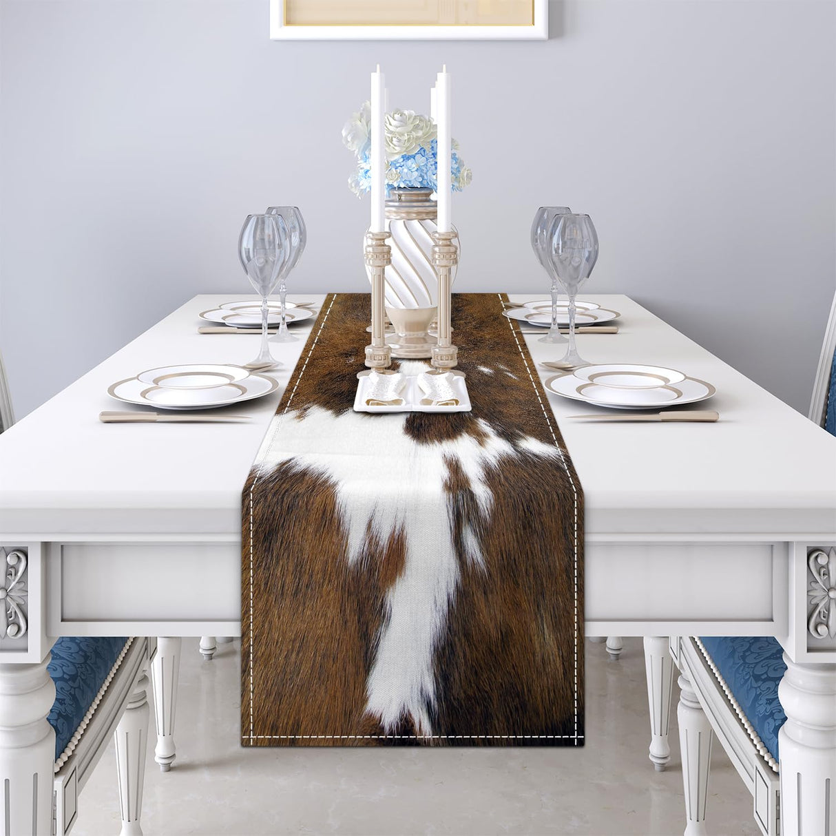 Cow Print Table Runner Brown Western Runners Cowhide Table Decorations Farmhouse Country Table Runner for Party Home Kitchen Dining Room 13x71 Inch (just a Print) LXXTK