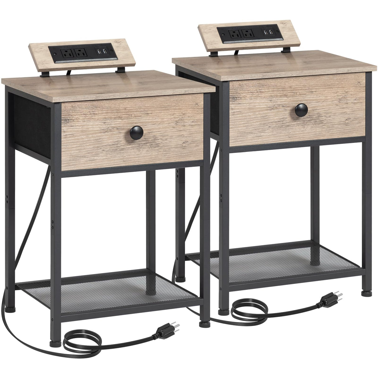 AMHANCIBLE Night Stand, End Tables Living Room Set of 2, Small Nightstand with Charging Station, Slim Bed Side Table with Fabric Storage Drawer for Bedroom, Small Space, Greige, HET03SDPGY AMHANCIBLE