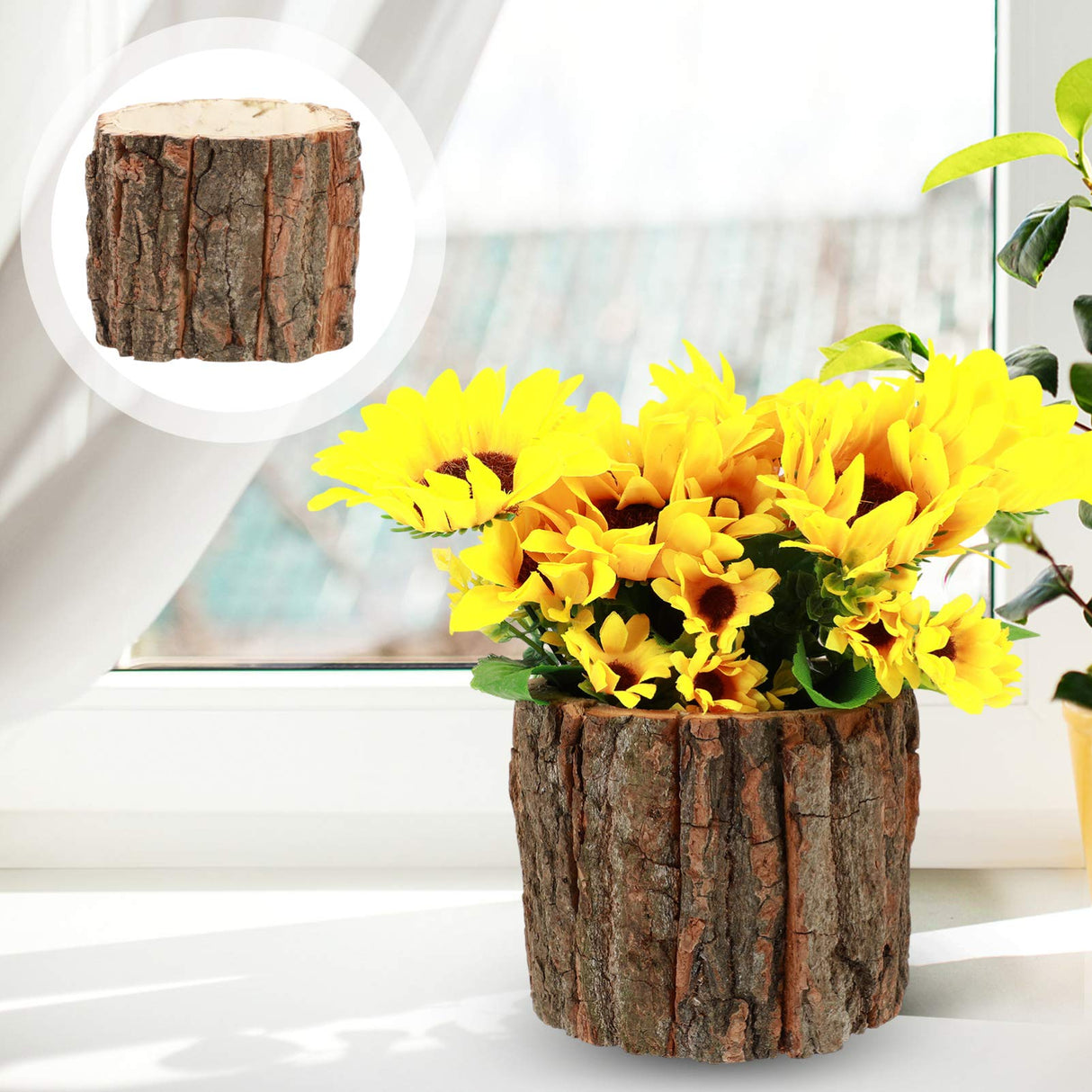 Wood Flower Pot Tree Stump Planter Artificial Plants Wood Vase Natural Wood Flower Pot Rustic Bark Planter Wood Farmhouse Decoration Healeved
