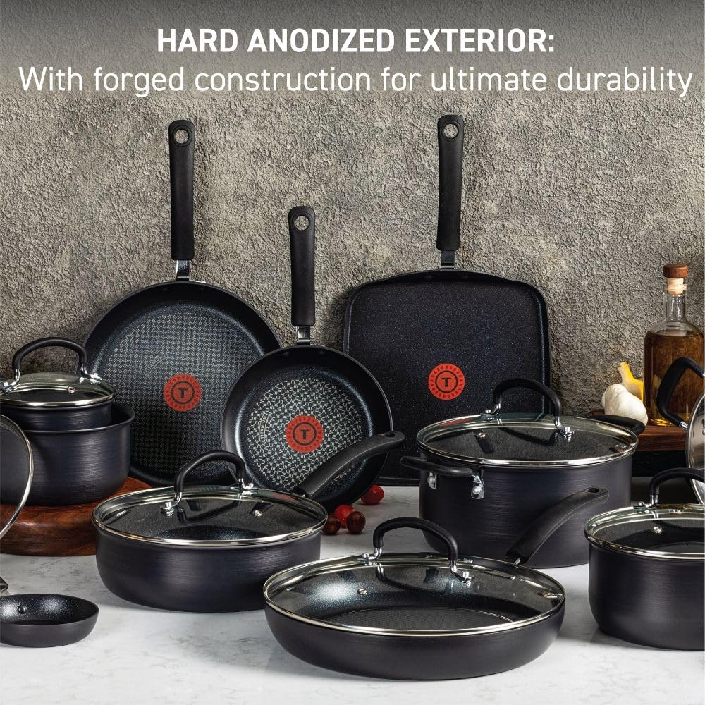 T-fal Ultimate Hard Anodized Nonstick Cookware Set 17 Piece, Oven Broiler Safe 400F, Lid Safe 350F, Kitchen Cooking Set w/ Fry Pans, Saucepans, Saute Pan, Griddle, Pots and Pans, Dishwasher Safe Black T-Fal
