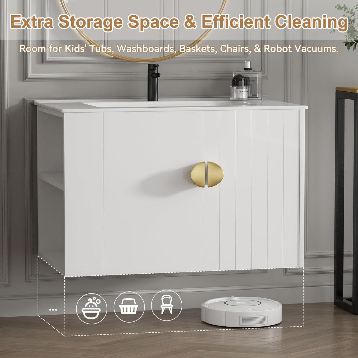 Findepot 30 Inch Floating Vanity Bathroom with Sink, White Bathroom Vanity Cabinet Combo with Ceramics Sink Top, Soft Close Cabinet Door & Open Storage Left Shelf, Modern Wall Mounted Vanity Findepot