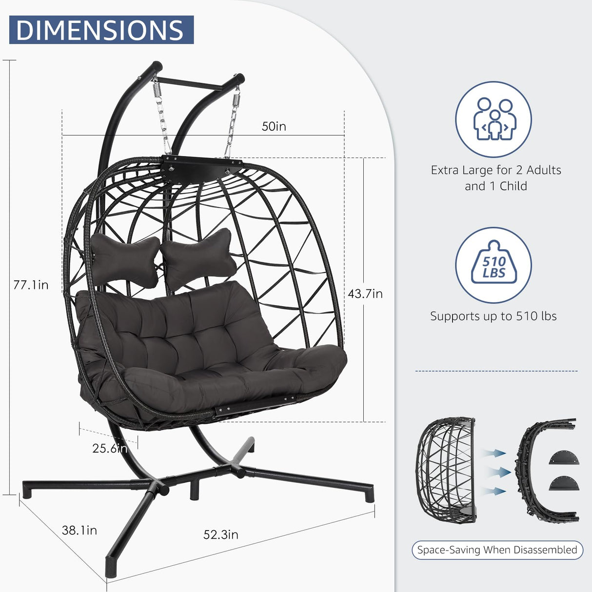 NICESOUL Double Egg Swing Chair with Stand, Oversized 2-Person Indoor Outdoor Hanging Hammock Chairs with Cushion, Wide and Large Comfy Loveseat, 700lbs Sturdy Porch Swings for Outside, Dark Gray NICESOUL