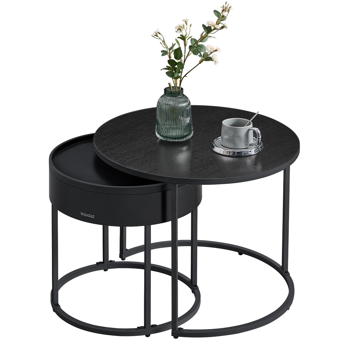 VASAGLE Round Coffee Tables, Set of 2 Nesting Tables, Modern Round Side Tables with Hidden Storage and Top Tray, for Living Room, Bedroom, Office, Ebony Black and Ink Black ULCT044B56 VASAGLE