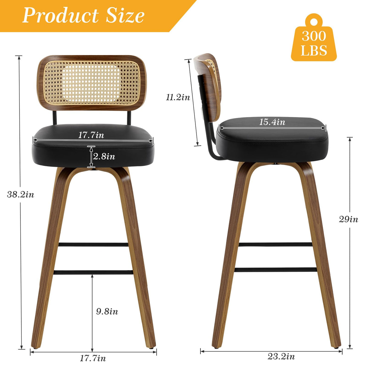 Bekrvio 29" Swivel Bar Stools Set of 2 with Rattan Back, Upholstered Faux Leather, Walnut Bentwood Frame in Black Bekrvio