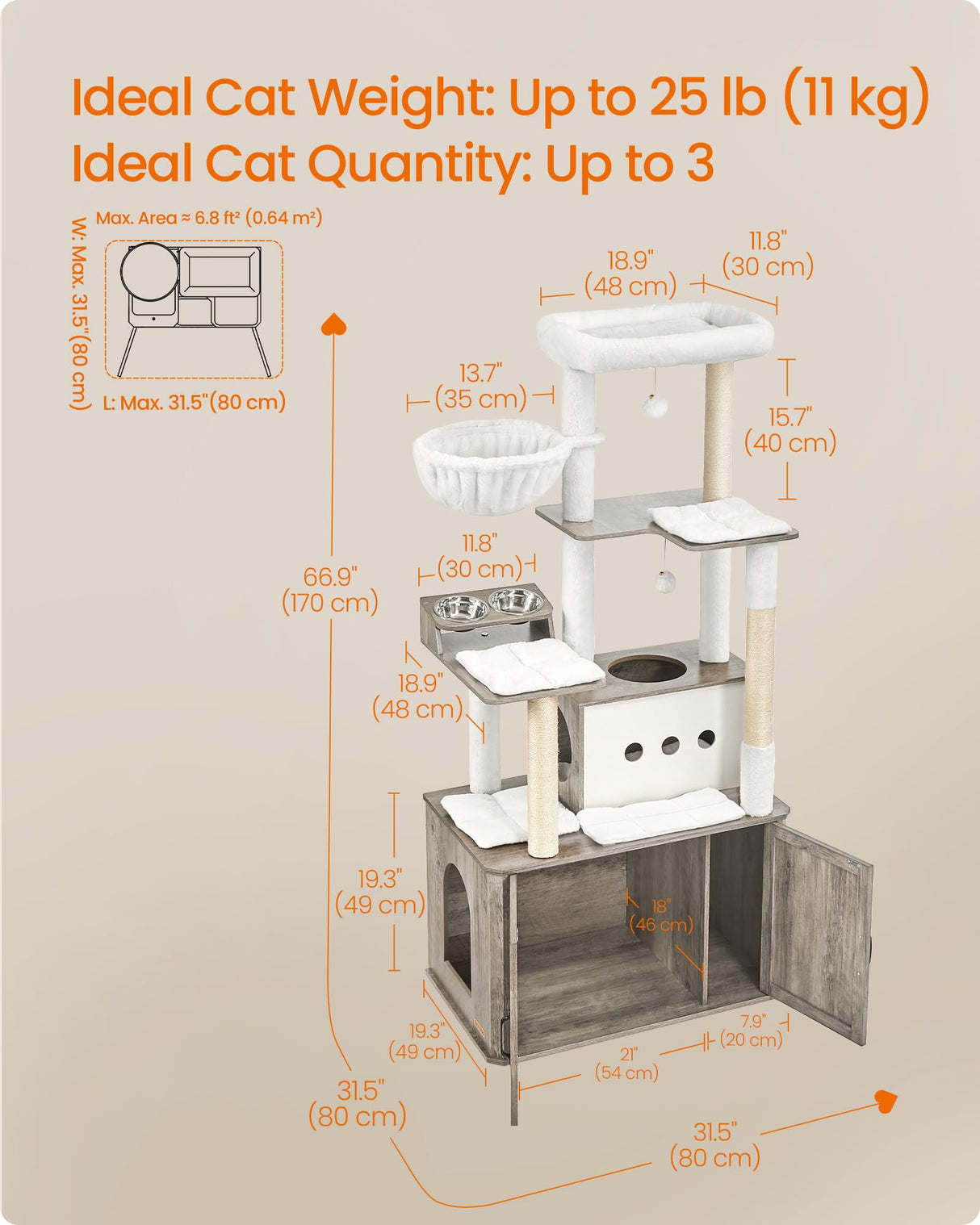 Feandrea Cat Tree, 66.9-Inch Cat Tower with Litter Box Enclosure, Large Cat Condo with Food Station, Storage, Scratching Posts, Cat Cave, Hammock, Washable Cushions, Heather Greige UPCT169K02 Feandrea