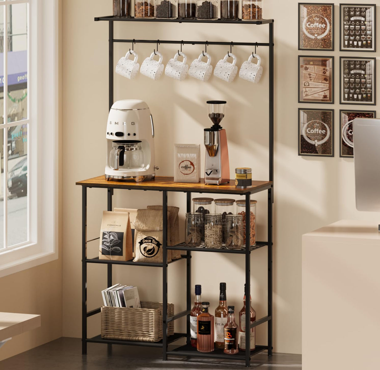 X-cosrack 60" Tall Bakers Racks for Kitchens, Microwave Stand, 4-Tiers Coffee Bar Table,with Adjustable Shelves and 6 S-Hooks,Open Shelf Storage, Kitchen Shelf for Spices, Pot Rack, Rustic Brown X-cosrack