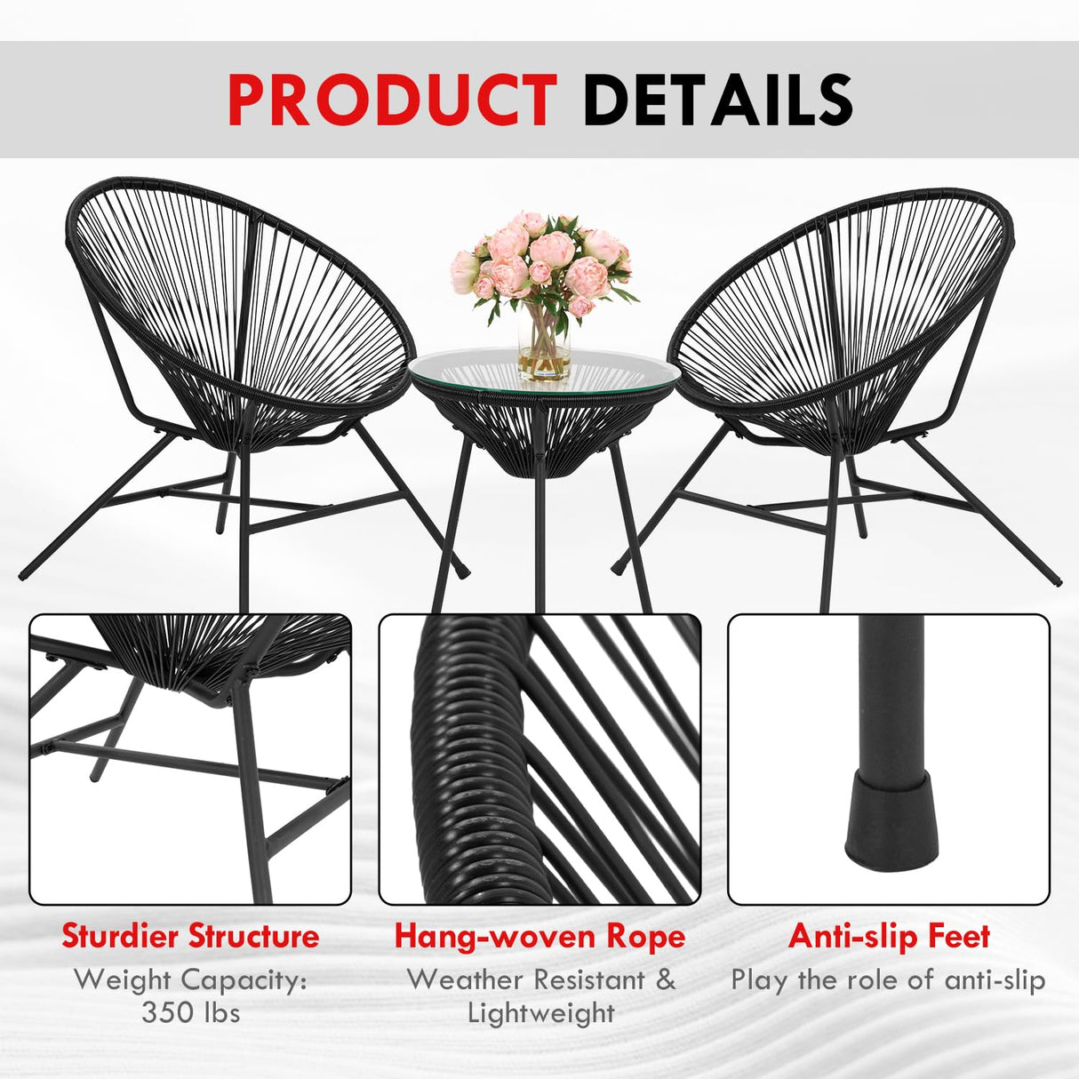 Acapulco Patio Bistro Set 3-Piece Outdoor Furniture Set All-Weather Woven Rope Patio Conversation Set with Glass Top Table and 2 Chairs (Black) PayLessHere