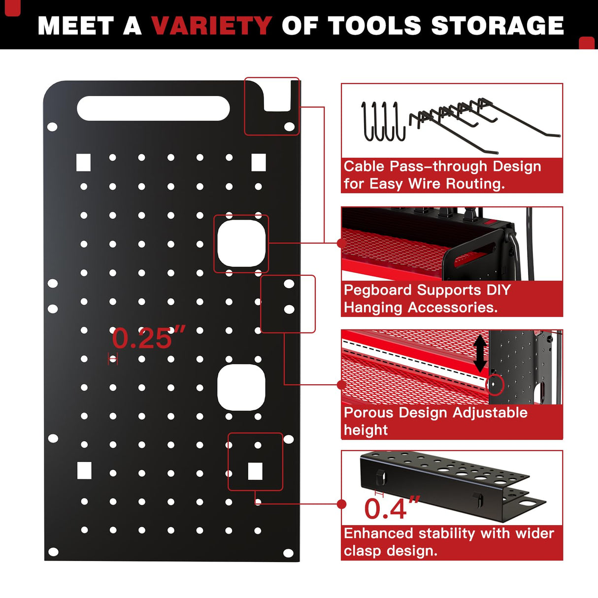 NattyDot Power Tool Organizer Wall Mount with Charging Station,Cordless Tool Organizer 8 Drill Holder, 4 Layer Storage Rack for Garage Organization,Tool Holder with 8 Outlet Power Strip (Red) NattyDot