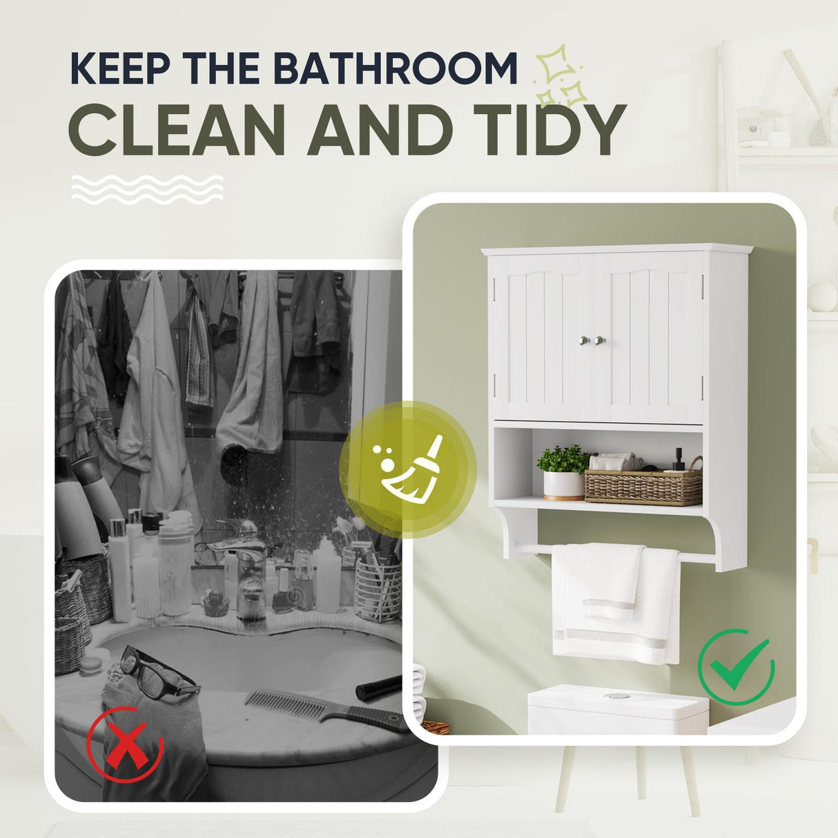 Smuxee White Bathroom Cabinet Wall Mounted with Towels Bar, Bathroom Medicine Cabinet with 2 Door Adjustable Shelves, Over Toilet Cabinet for Bathroom Laundry Room Kitchen Smuxee