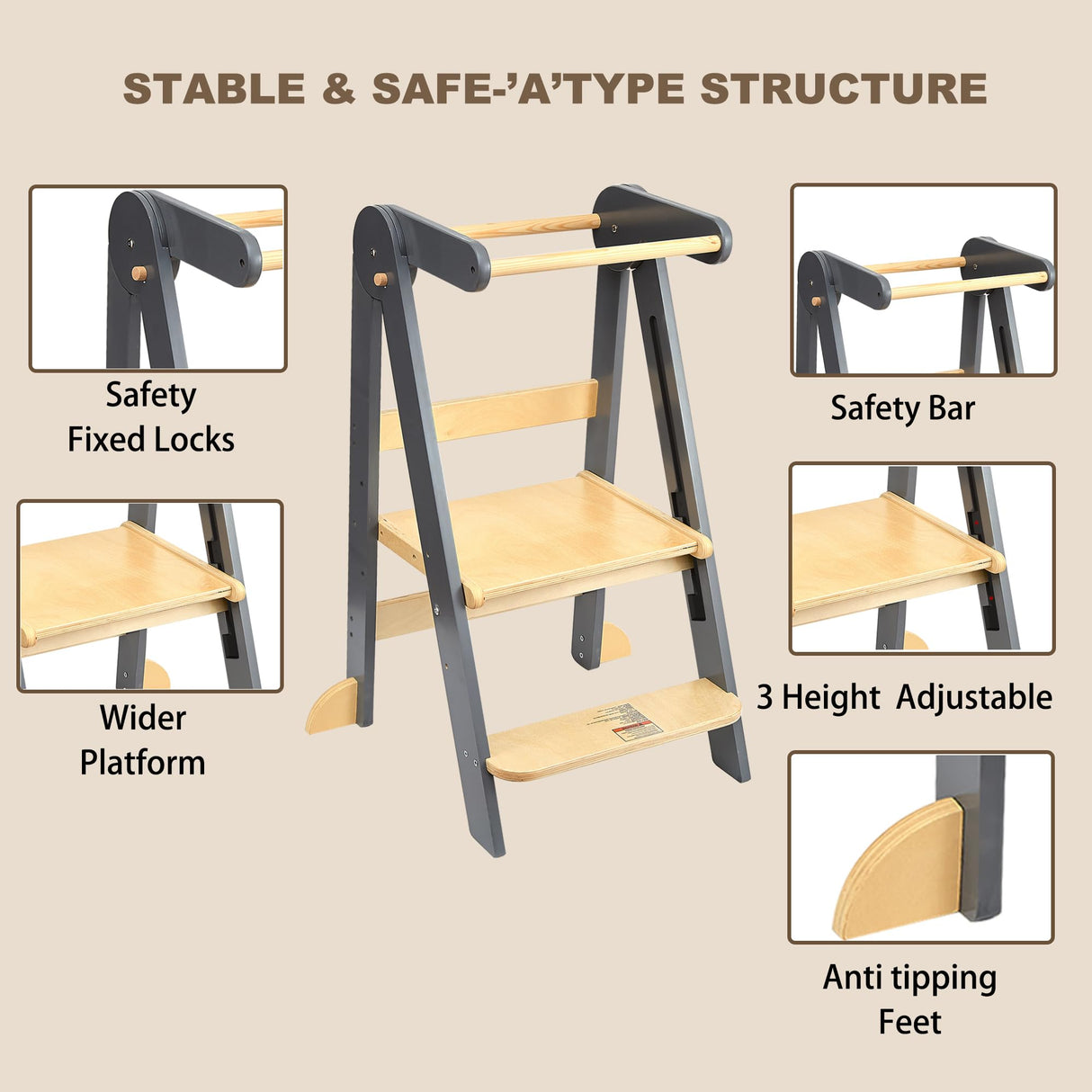 TDKDHoming Foldable Toddler Tower Preassembled Kitchen Stool, Folding Tower for Learning with 3 Adjustable Heights Montessori Toddler Standing Tower Collapsible Step Stool for Kids 1-6y Natural TDKDHoming