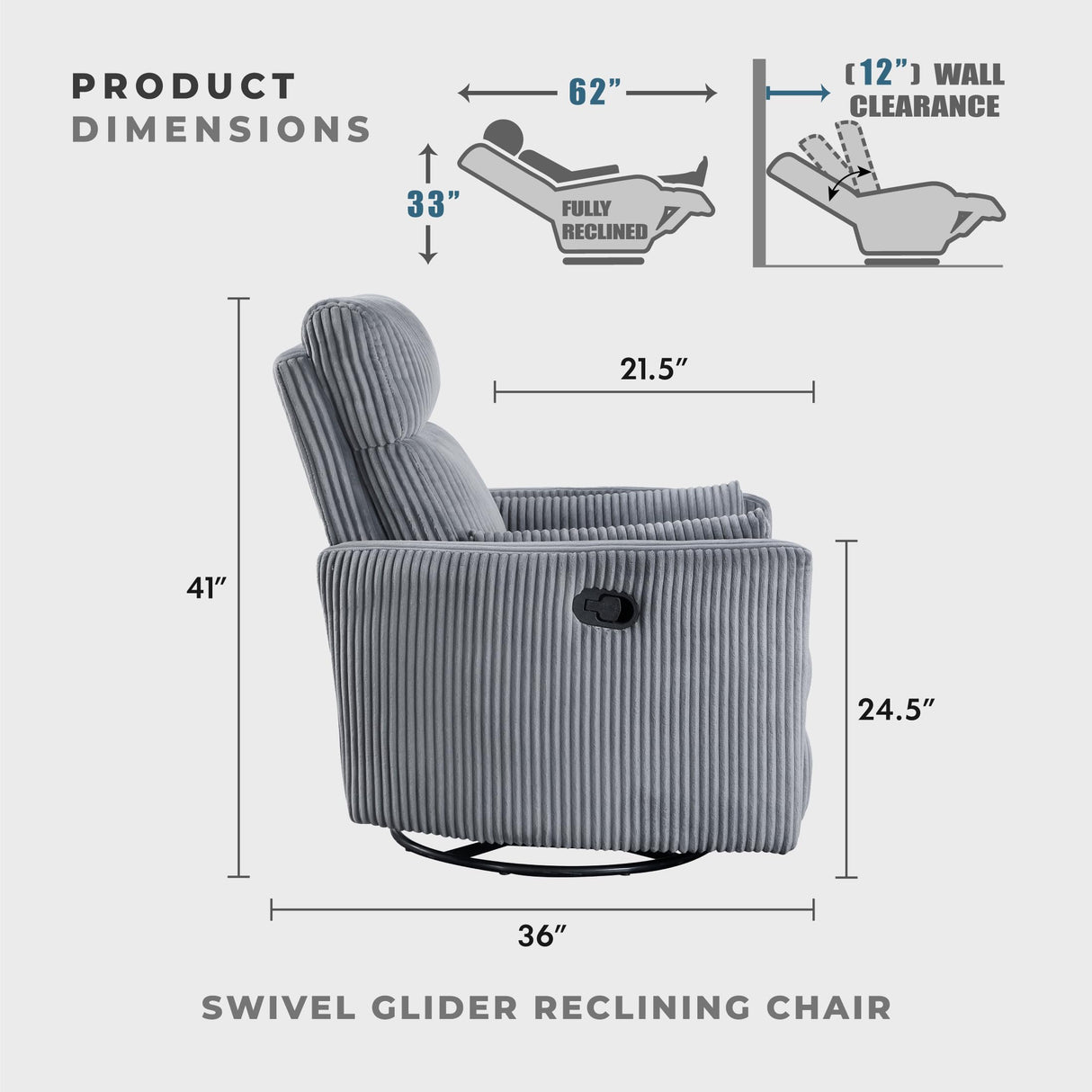 Lexicon Modern Swivel Glider Recliner Chair, Nursery Glider, Corduroy Fabric Upholstery Recliner with 2 Lumbar Pillows, Manual Reclining Sofa Chair for Living Room/Office/Apartment, Grey Lexicon