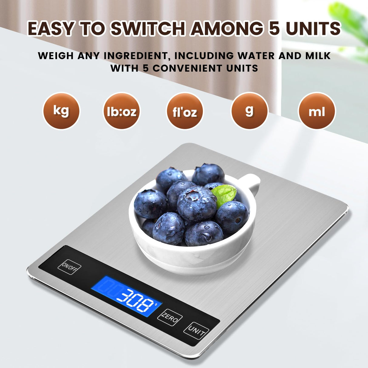 33lb Food Scale, Digital Kitchen Scale Batteries and USB Charging,1g/0.05oz Precise Graduation, Waterproof Stainless Steel with LCD Display Weight Grams and oz for Cooking Baking (Stainless Steel) Deweywei