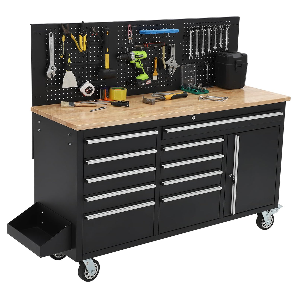 61-inch Rolling Tool Chest, 10 Drawers Garage Workbench Storage Tool Cabinet with Power Strip, Solid Rubber Wood Top, 1675 LBS Load Mobile Workstation, Heavy Duty Rolling Cabinet GAOMON