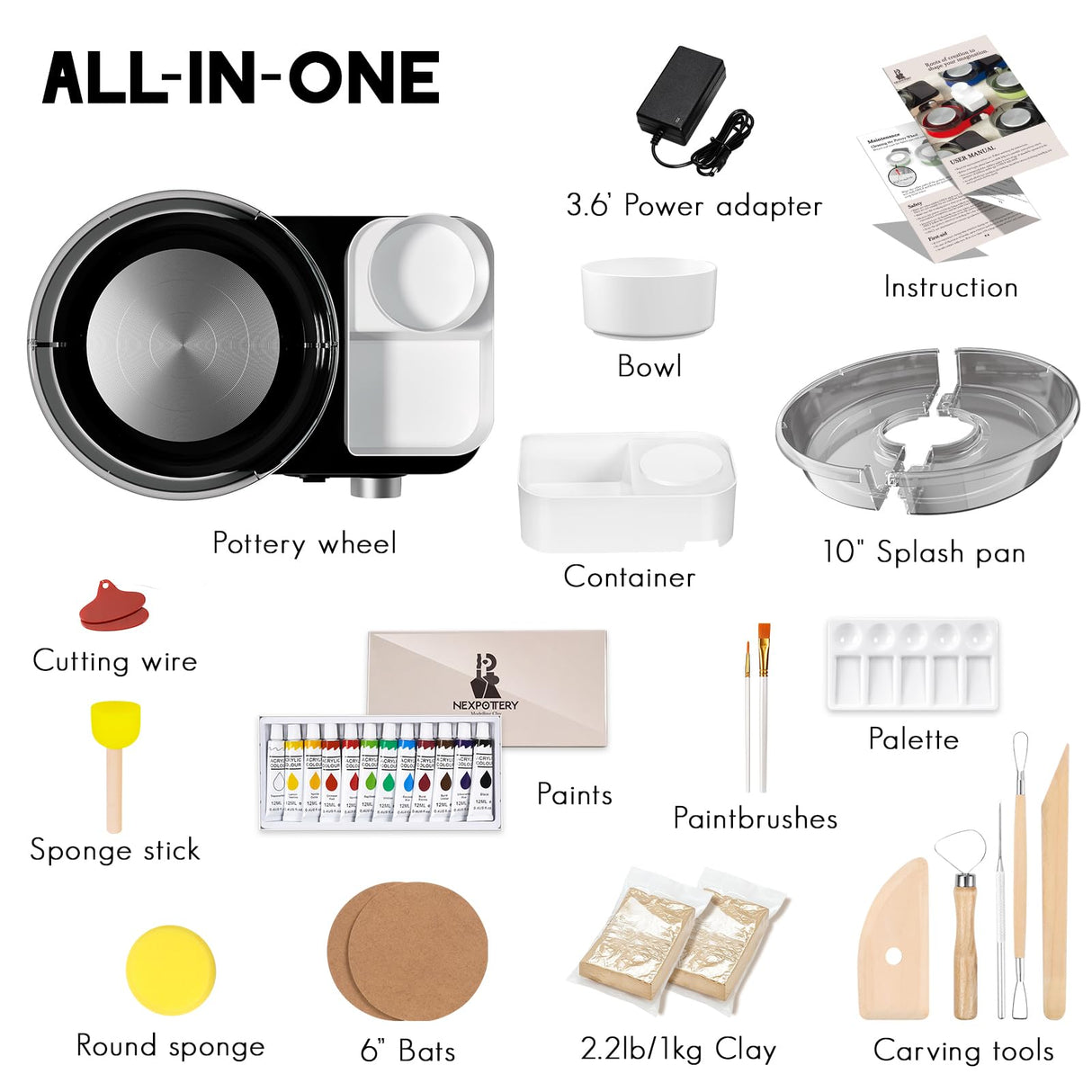 Pottery Wheel for Adults - Complete Pottery Tools Kit for Beginners, 6" Turntable Two-Way Rotation Adjustable Speed, 2.2 lbs. Air Dry Clay, Mini Clay Making Pottery Wheel with Storage Design (Black) Insnug