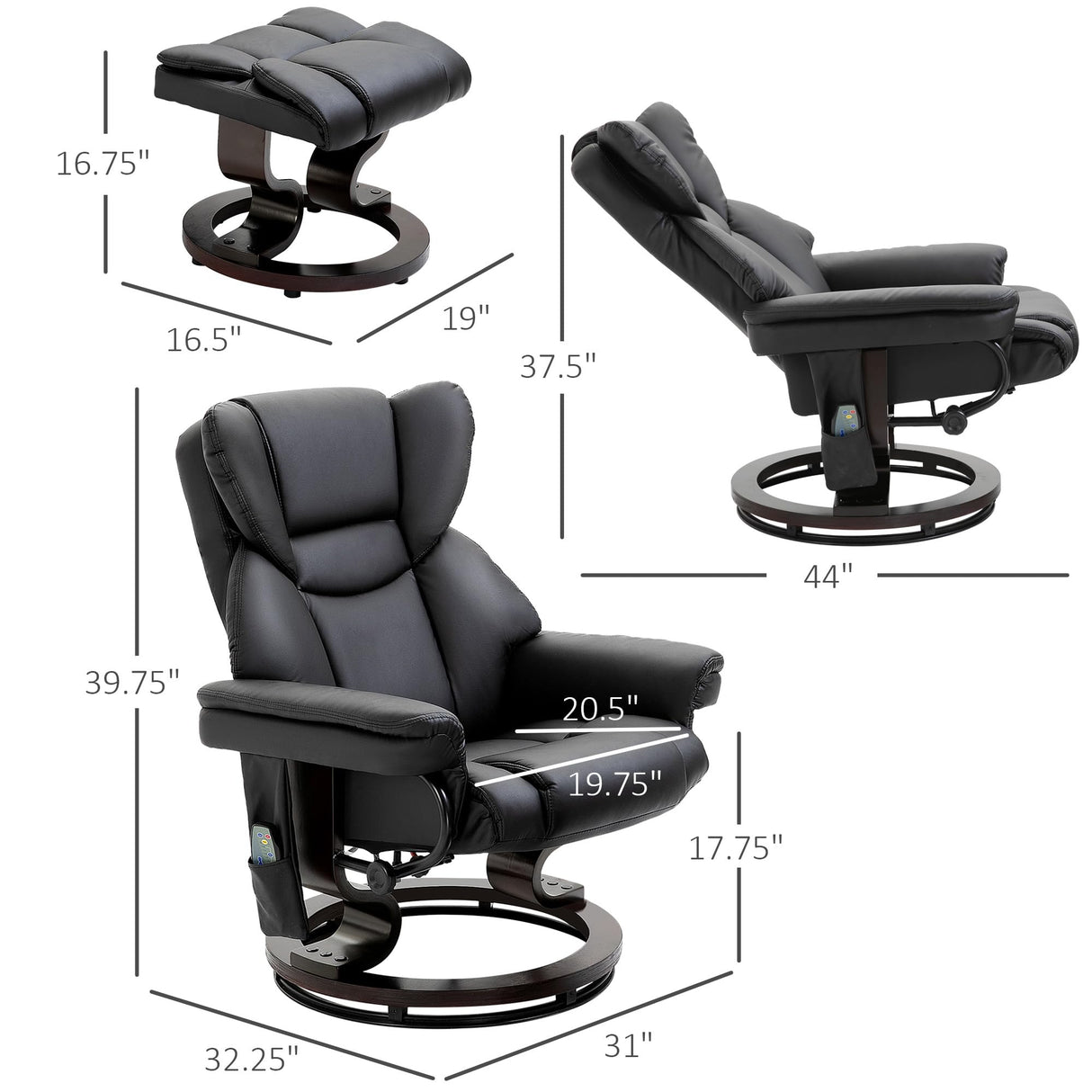 HOMCOM Massage Recliner Chair with Ottoman Footrest, 10 Vibration Points, 360° Swivel Reclining Chair, Faux Leather Living Room Chair with Side Pocket and Remote Control, Black HOMCOM