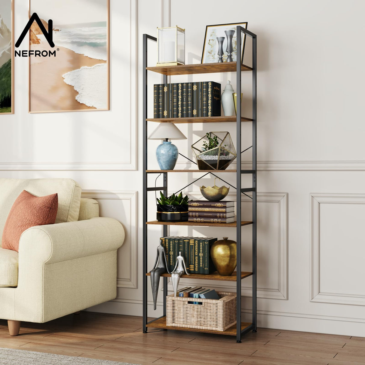 NEFROM Book Shelf, Adjustable 6-Tier Tall Bookshelf, Wooden Bookcase Shelves for Bedroom, Living Room, Display Shelf for Home, Office, Kitchen, Standing Shelving Unit Storage Organizer BC-BR-6 NEFROM