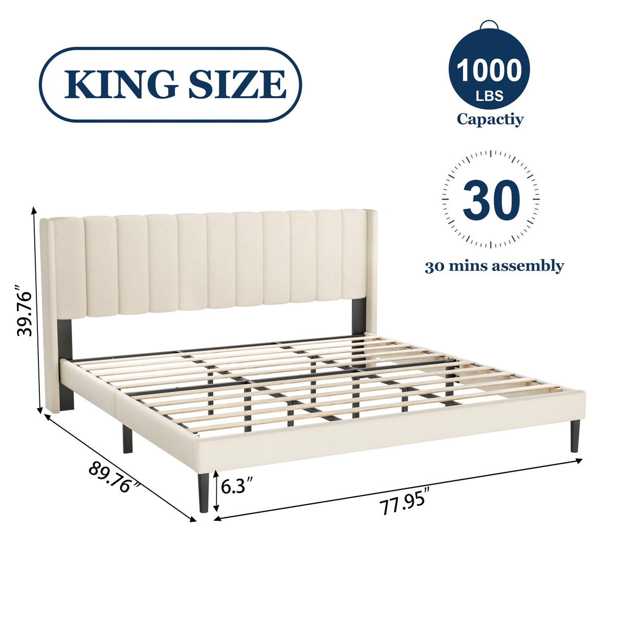 Sismplly King Size Bed Frame and Headboard,Vertical Channel Tufted Wingback No Box Spring Needed, Mattress Foundation, Easy Assembly, Beige Sismplly
