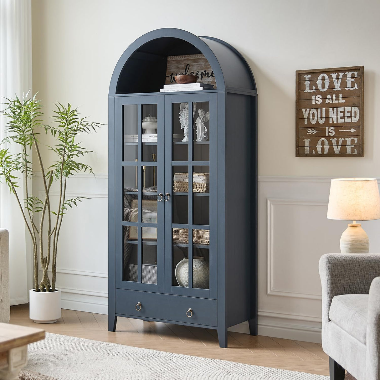 RowyPoey Farmhouse Arched Cabinet with Glass Doors, Wood Display Cabinet with Drawer and Adjustable Shelves, 71” Tall Bookshelf Modern China Storage Kitchen Pantry for Living Room,Office (Navy Blue) RowyPoey