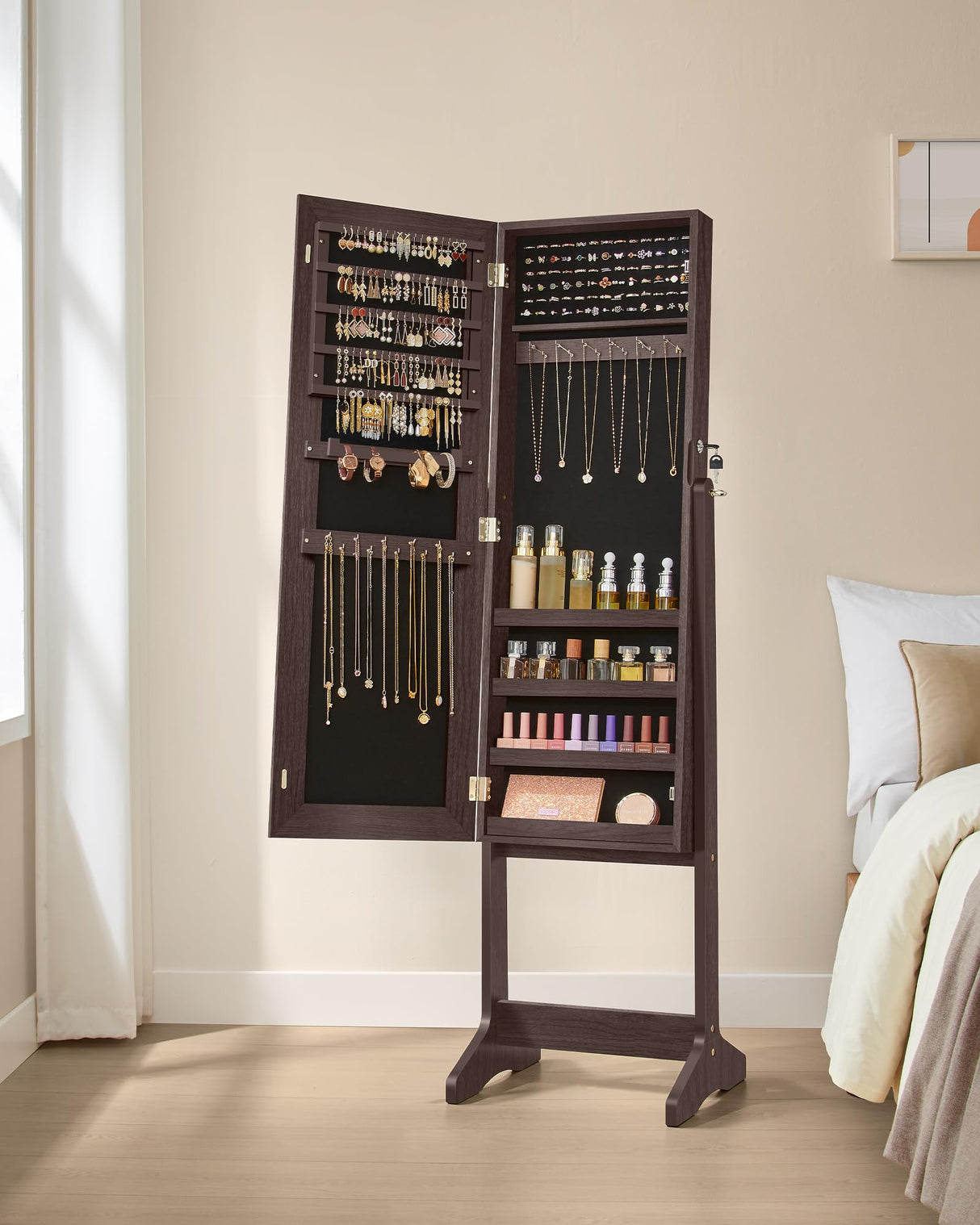 SONGMICS Mirror Jewelry Cabinet Armoire, Standing Full-Length Mirror, Lockable Jewelry Organizer, Gift Idea, Brown Surface and Black Lining UJJC69BR SONGMICS