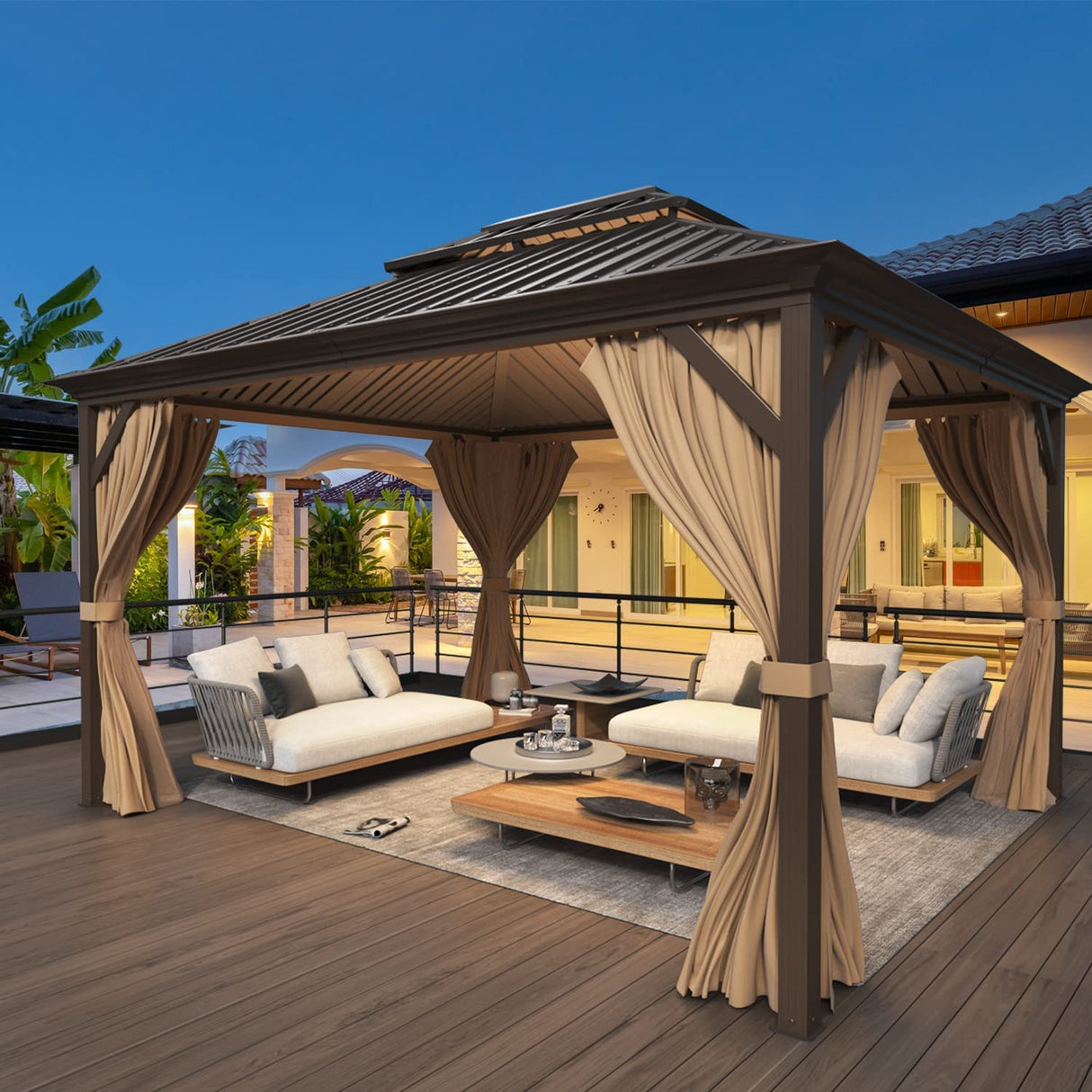 YOLENY 12' x 14' Hardtop Gazebo, Galvanized Steel Metal Double Roof Aluminum Frame Gazebo with Curtain and Netting, Permanent Pavilion Pergola for Outdoor, Patio, Garden, Lawn, Pool Side, Brown YOLENY