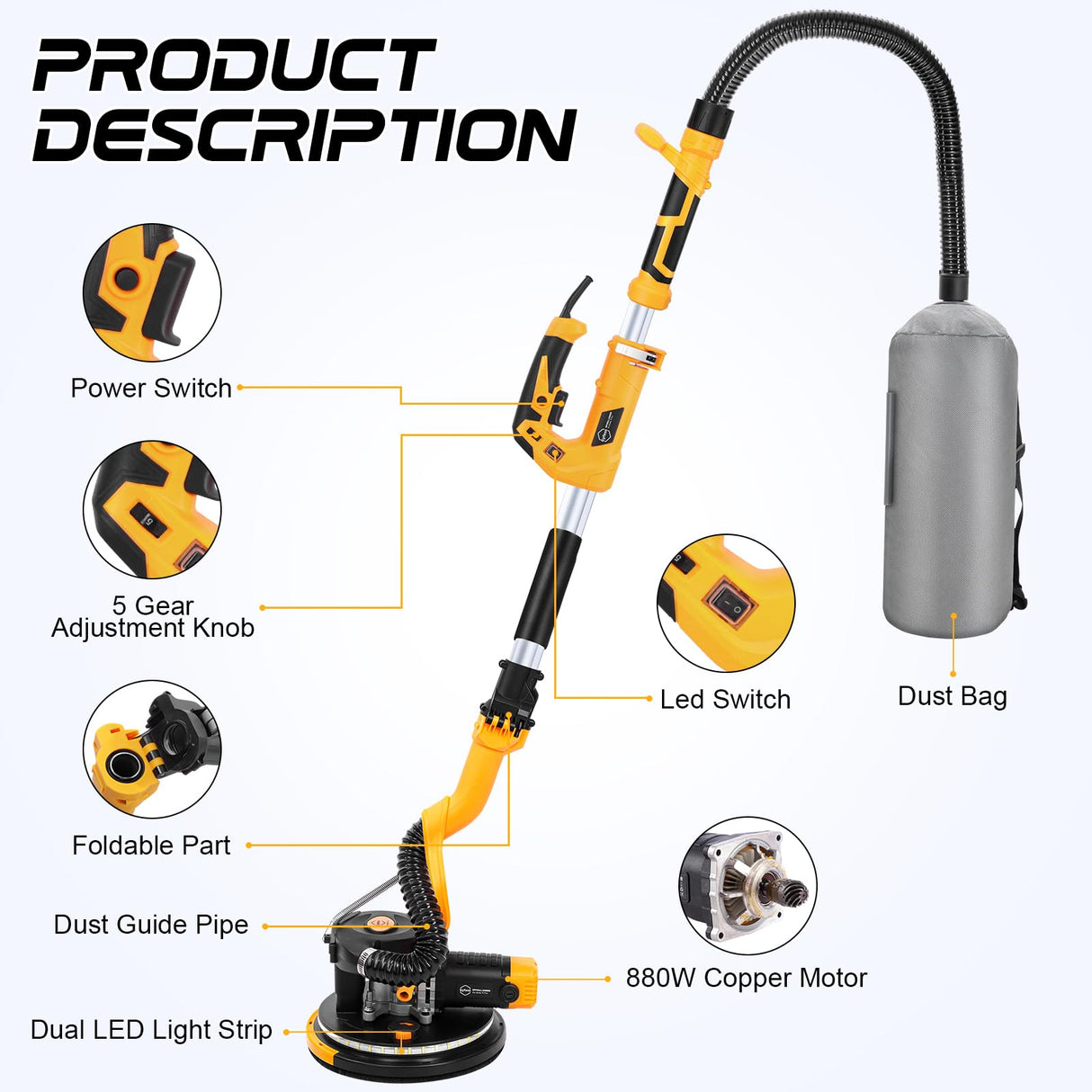 Gyfent Drywall Sander, 880W 7.3-Amp Popcorn Ceiling Removal Tool with 1100-2100RPM 5 Variable Speed 12pcs Sanding Discs Electric Drywall Sander with Vacuum Dust Collector LED Light for Ceiling Sanding Gyfent