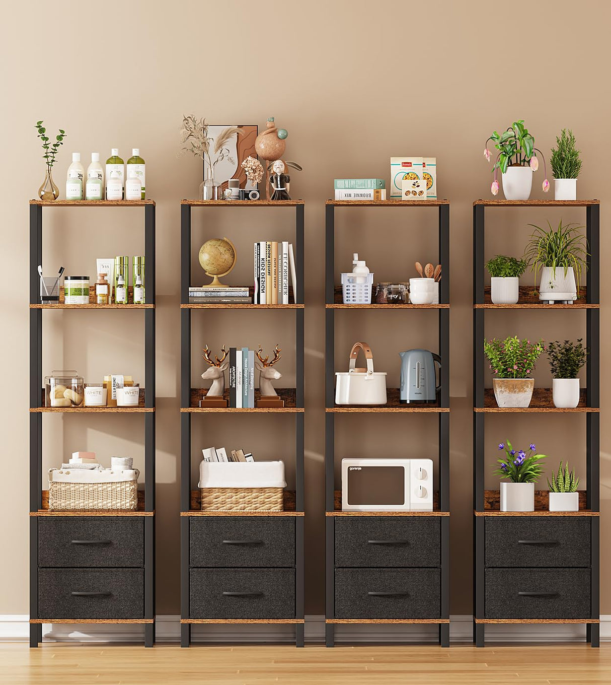 VIMBER Tall Bookshelf with Drawers, 6-Tier Tall Bookcase for Books, Garage Kit, CDs, Movies, Modern Standing Bookshelves Storage Organizer for Bedroom Office Living Room Rustic Brown USSJ002F VIMBER