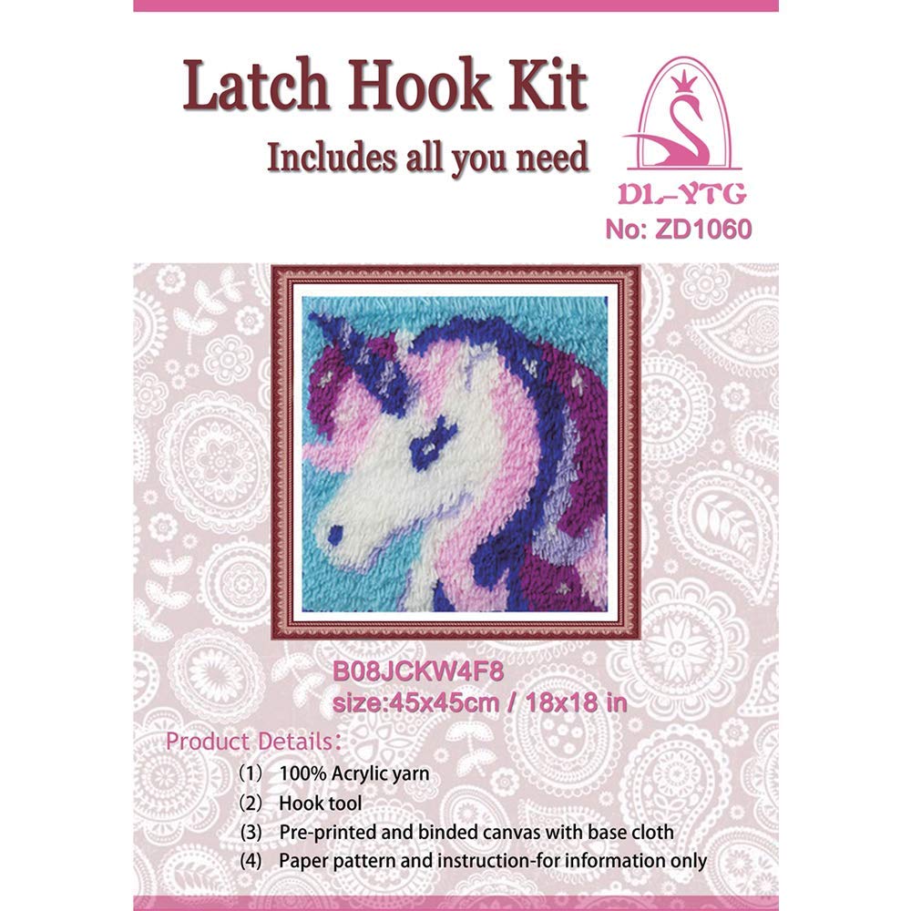 DL-YTG Latch Hook Kits Pillow Unicorn Crochet Yarn Cushion Colour Pre-Printed Canvas Rug Needlework DIY Pillowcase Hook and Latch Kit Home Arts Crafts Sofa Decoration 42x42cm/16X16inch DL-YTG