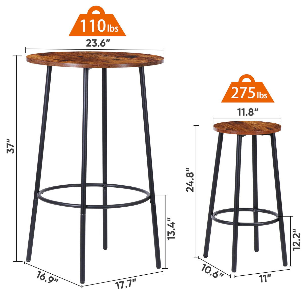 SUPER DEAL Round Pub Dining Set, 3 Piece Small Kitchen Table Set with 2 Counter Height Wood Bar Stools for Kitchen Breakfast, Living Room, Small Space, Rustic Brown SUPER DEAL
