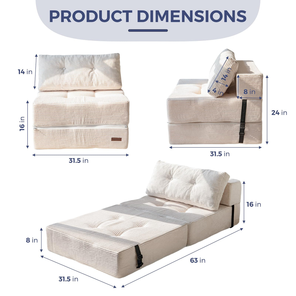 MAXYOYO Folding Sofa Bed, Convertible Sofa Bed with High-Density Support Foam, Portable 4 in 1 Fold Out Chair to Floor Lounger, Versatile Floor Couch for Living Room Bedroom, Beige MAXYOYO