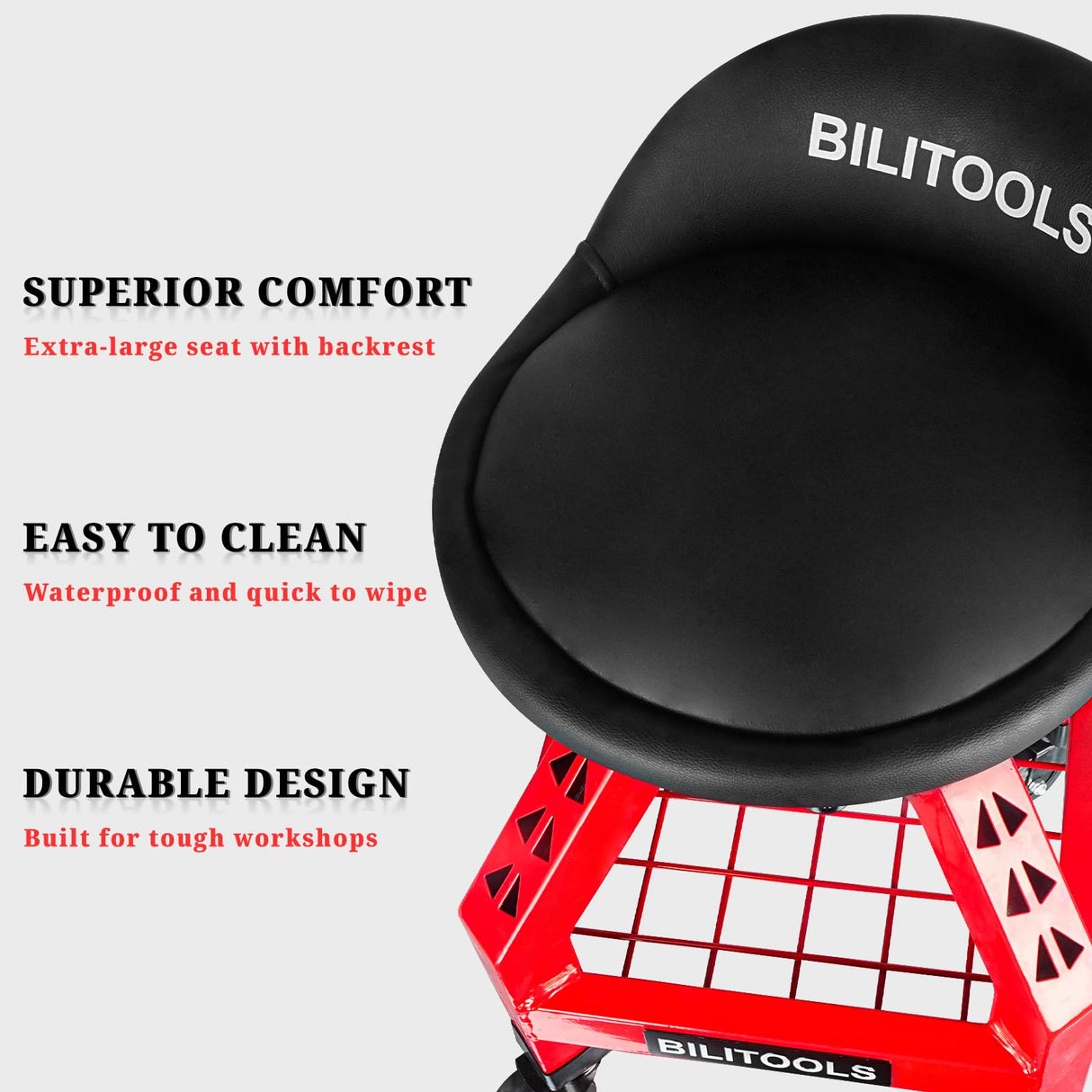 BILITOOLS Rolling Shop Stools with Wheels, Adjustable Garage Mechanic Stool 16" Oversized Seat & Backrest, 300 LBS Shop Chair for Garage with Wheels Heavy-Duty 360° Swivel Tool Tray Storage BILITOOLS