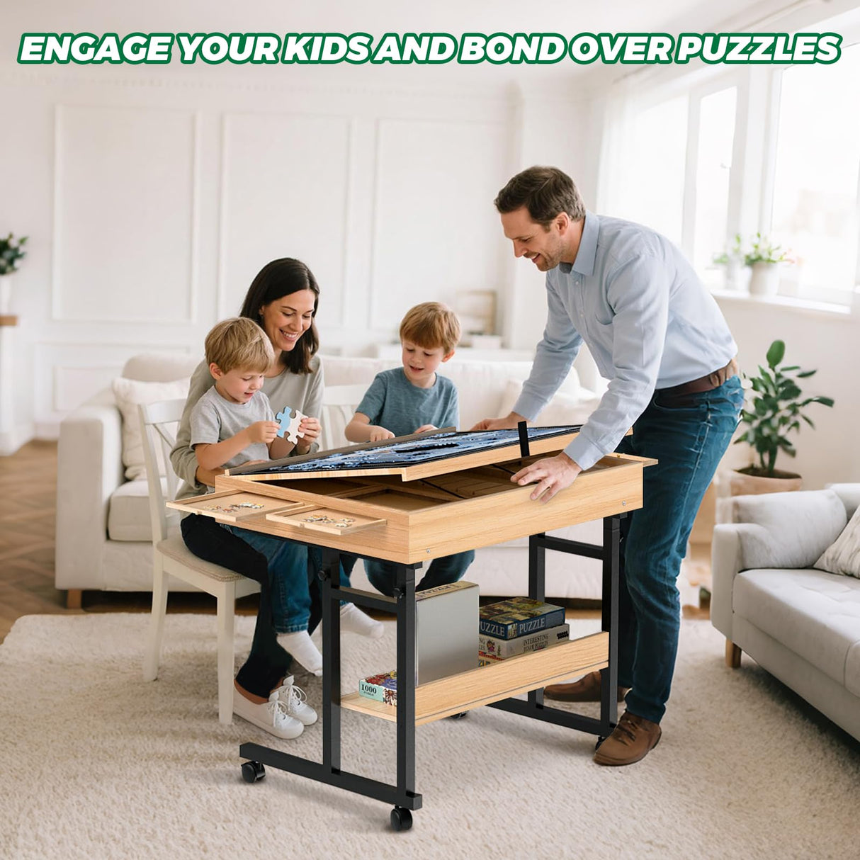 Large Puzzle Table with Drawer for 300-1500 Piece Jigsaw Puzzles – Adjustable Height & Angle, Wooden Puzzle Board with Felt PP Cover, Storage Shelf, Metal Stand, Wheels for Adults & Enthusiasts CEDARDVD