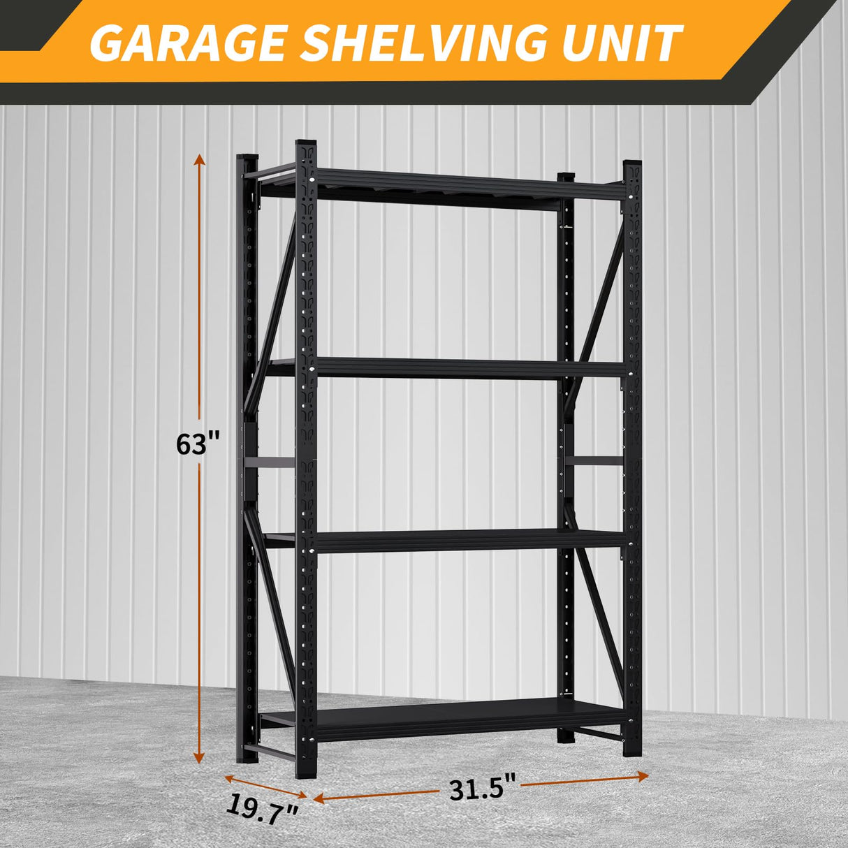 63" H Storage Garage Shelving Unit, 2500LBS Heavy Duty Metal Shelves Organization, Adjustable 4 Tier Utility Storage Shelf Rack for Industrial, Basement, Warehouse (Black, 19.7" D×31.5" W×63" H) SGFHNV