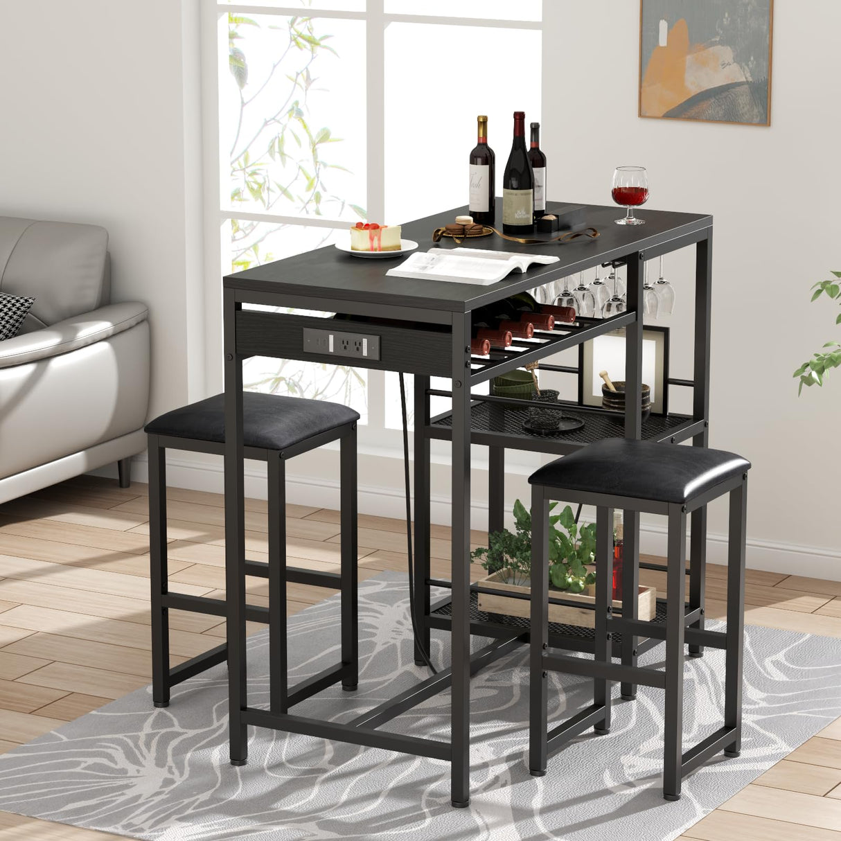 Gyfimoie Bar Table and Chairs Set with Power Outlet, Pub Table and Chairs Set for 2 with 2 Storage Shelves, 3 Piece Table Set with Wine Rack&Glass Holder for Living Room,Dining Room,Small Apt (Black) Gyfimoie