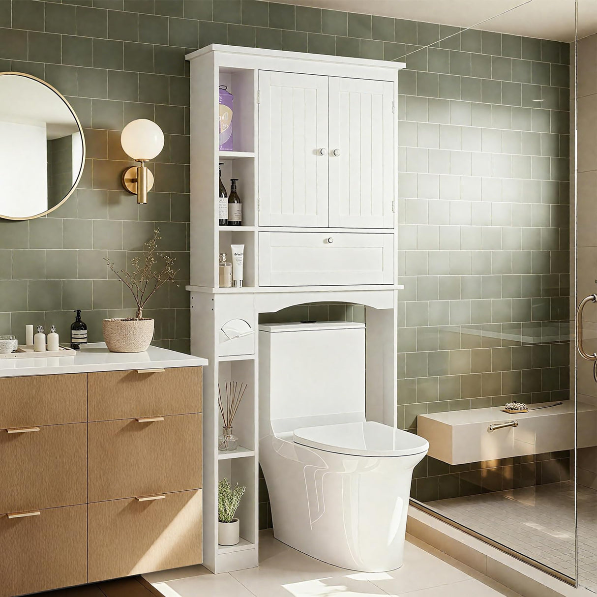 Giantex Over The Toilet Storage Cabinet, 31.5''W Freestanding Space Saver with Doors, Adjustable Shelf & Toilet Paper Holder, Over Toilet Bathroom Organizer for Laundry, Restroom, White Giantex