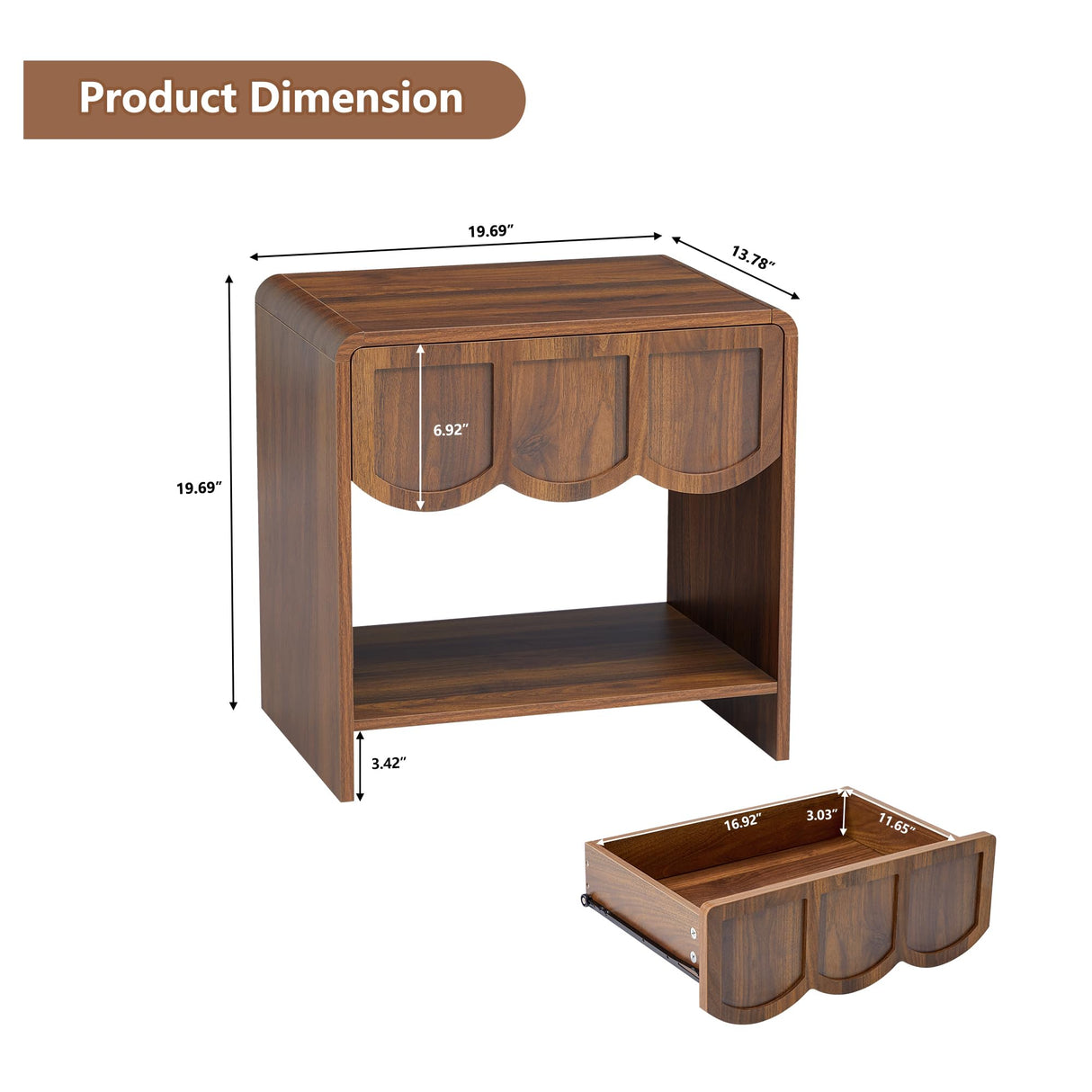 Night Stand Set of 2, Mid Century Modern Farmhouse Wood Nightstand with Wave Panel Drawer, Bed Side End Table for Small Space, Living Room - Walnut ORRD