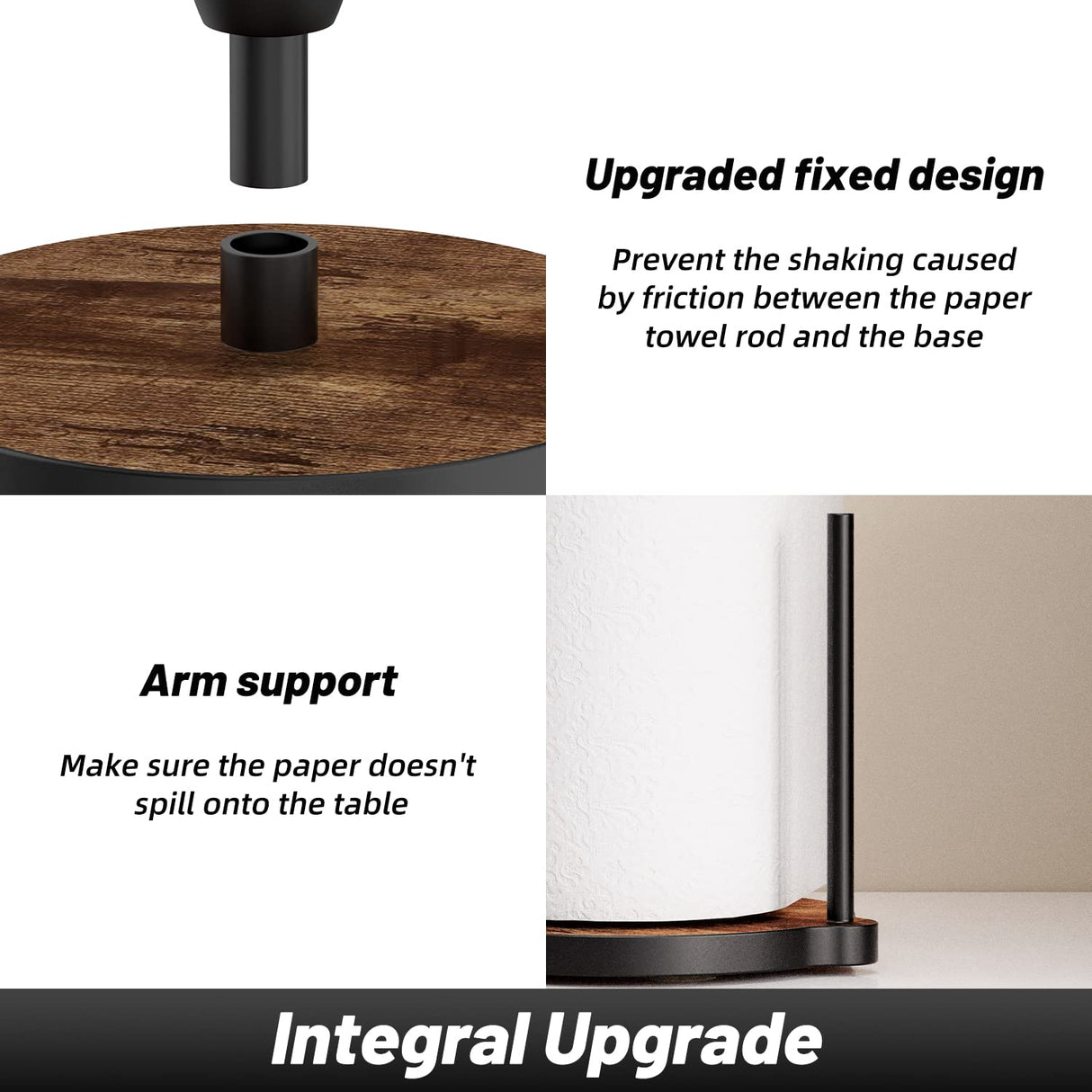 VEHHE Paper Towel Holder Countertop, One-Handed Tearing Wood Paper Towel Holder Farmhouse with Ratchet System and Suction Cups, Stainless Steel Paper Towel Holders for Bathroom and Kitchen VEHHE