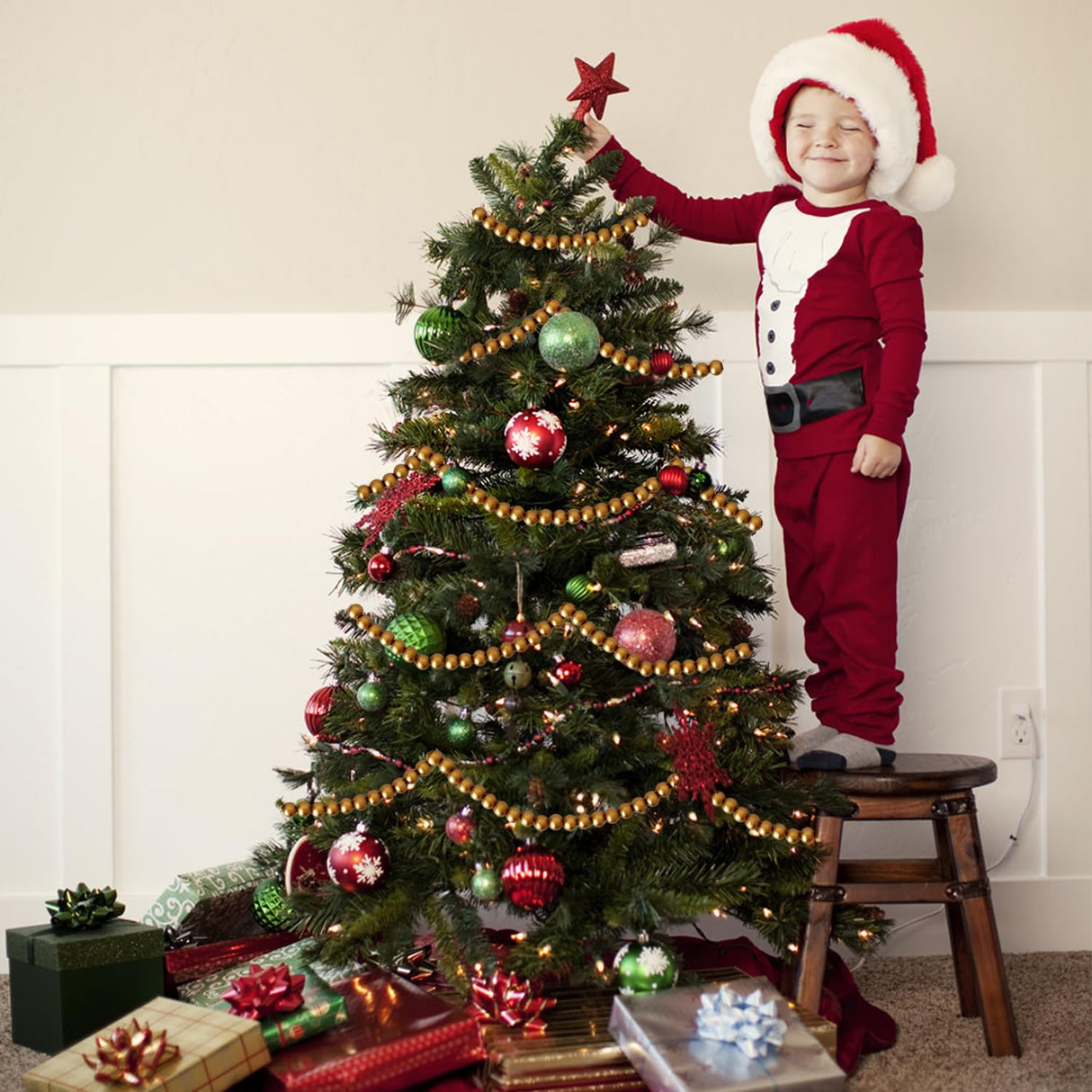 157 inch Christmas Wood Bead Garland,Gold Decorated with Christmas Tree Ornament,Farmhouse Bead Garland for Christmas Decoration Supplies Eerrhhaq