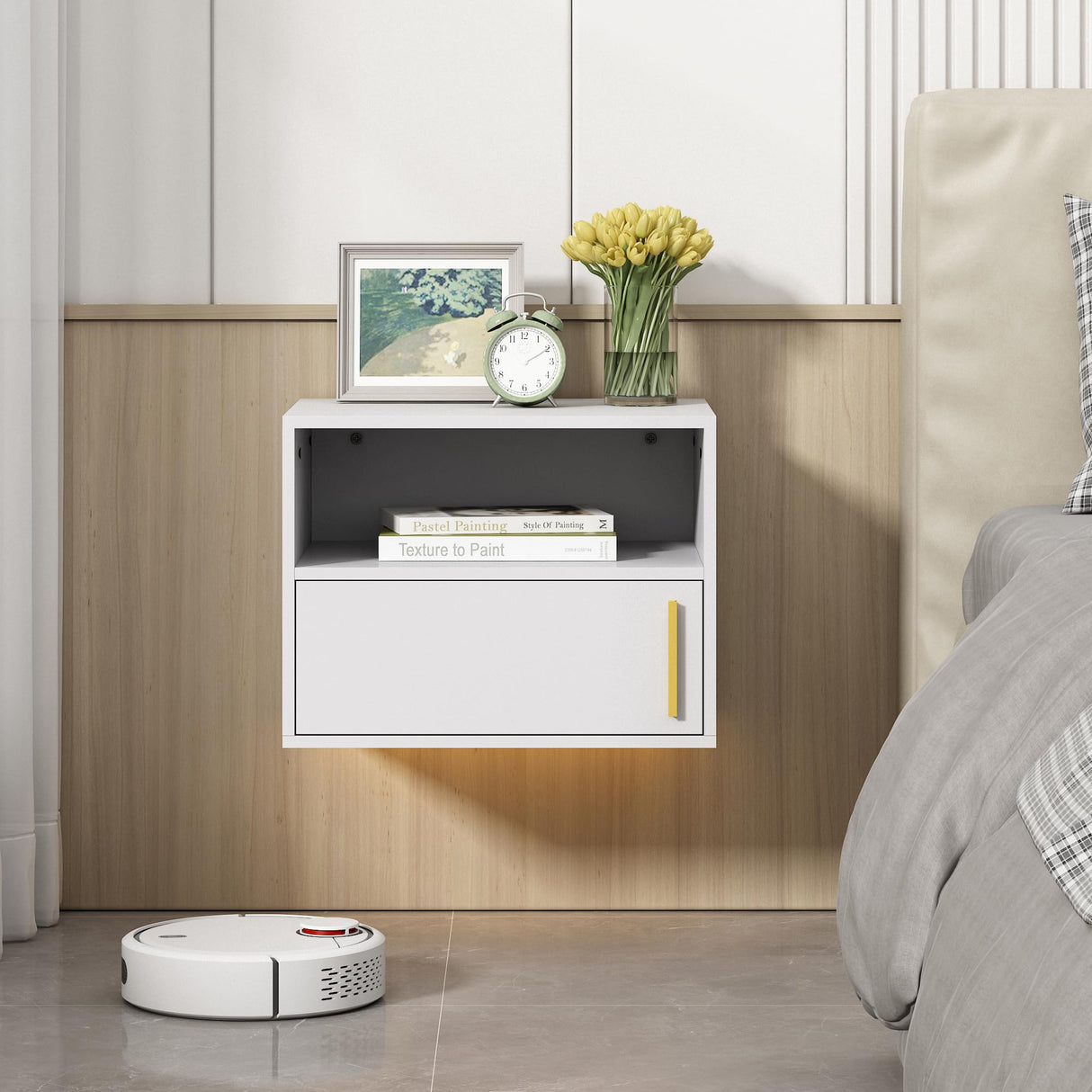 JAXPETY Wall Floating Nightstand Set of 2 Modern Side Table Wall Mounted Shelf with Cabinet Storage for Living Room, Bedroom, Dorm, White JAXPETY