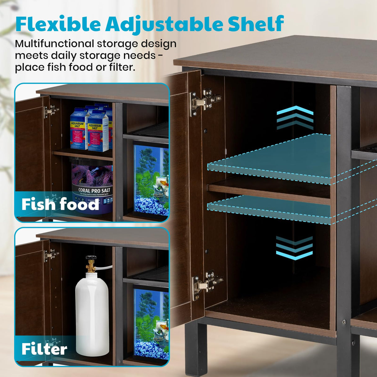 PAWZOO 55-75 Gallon Fish Tank Stand - Heavy Duty Aquarium Stand with Power Outlets, Cabinet for Fish Tank Accessories Storage, Metal Frame, Suitable for Fish Tank, Turtle Tank, 880LBS Capacity, Brown PAWZOO