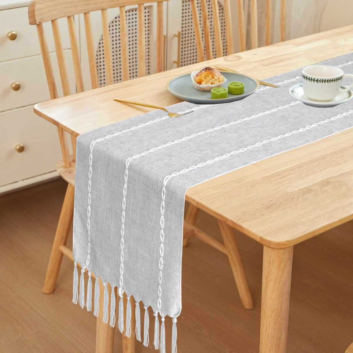 Boho Table Runner, Rustic Farmhouse Cotton and Linen Table Runner with Hand-Tassels, Elegant Kitchen Table Runner for Daily Dining Bedroom Decor and Event Holiday Party Decor 13×72 inches, Grey Vspek