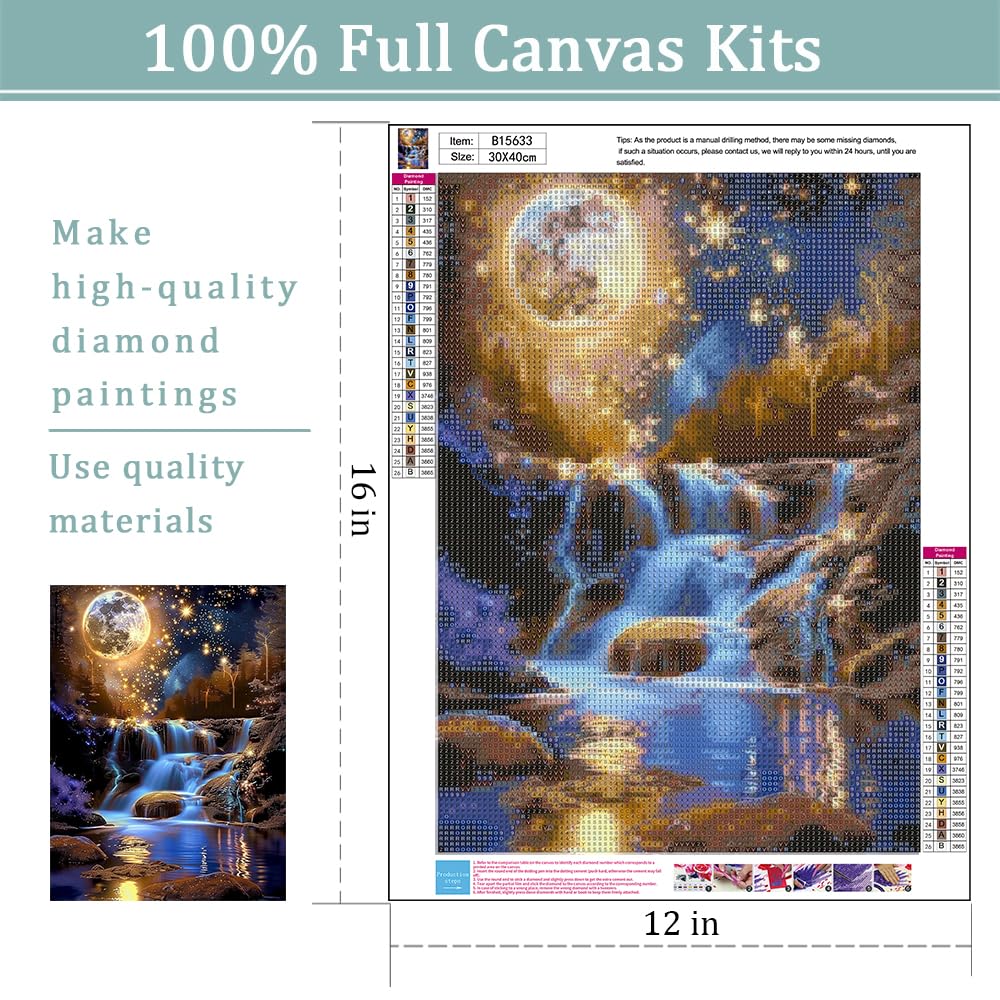Moon Diamond Art Kits for Adults, Waterfall Diamond Painting Kit with Resin Gems, DIY 5D Embroidery Craft for Home Decor & Gift - 12x16 Inch Amphol