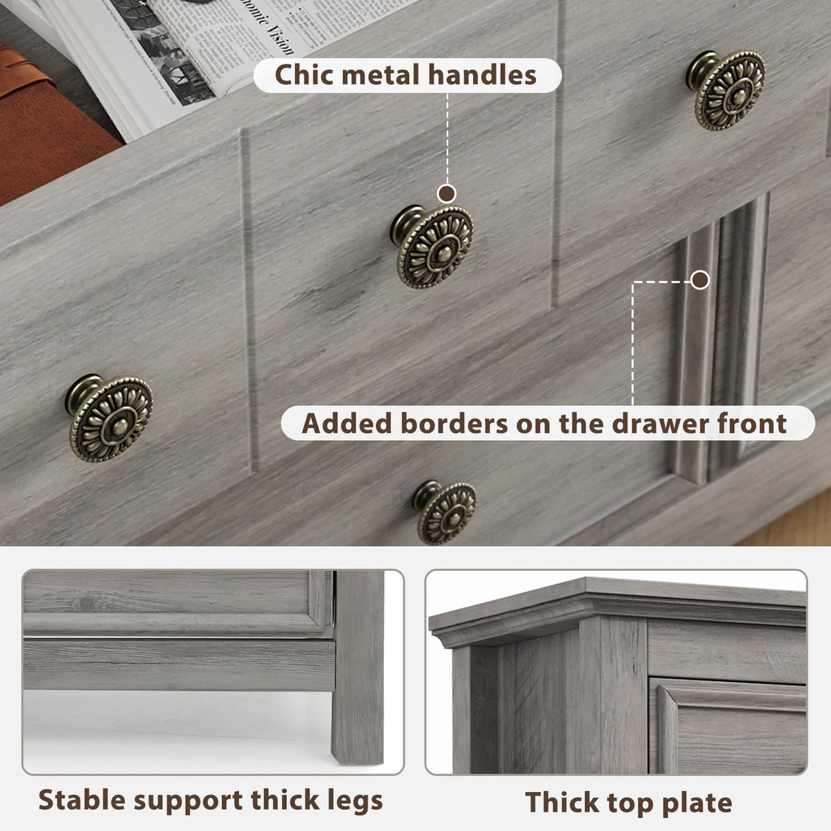 Farmhouse 9 Drawers Dresser for Bedroom, Wood Rustic Wide Chest of Drawers, TV Stand Storage Dressers Organizer for Bedroom, Living Room, Hallway,Gray LGHM