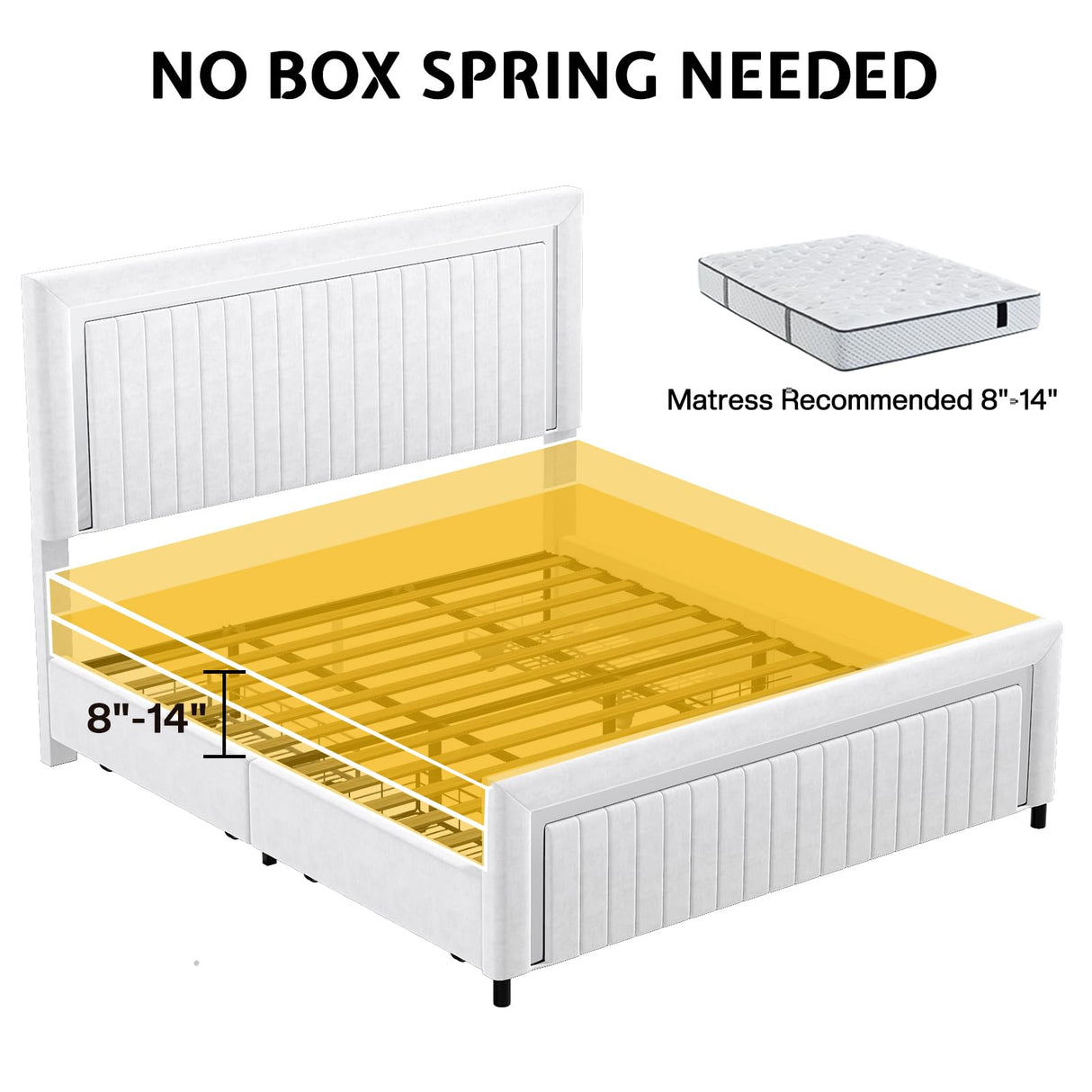 Jocisland Upholstered Platform King Size LED Bed Frame with 4 Storage Drawers, Adjustable Headboard, White Jocisland