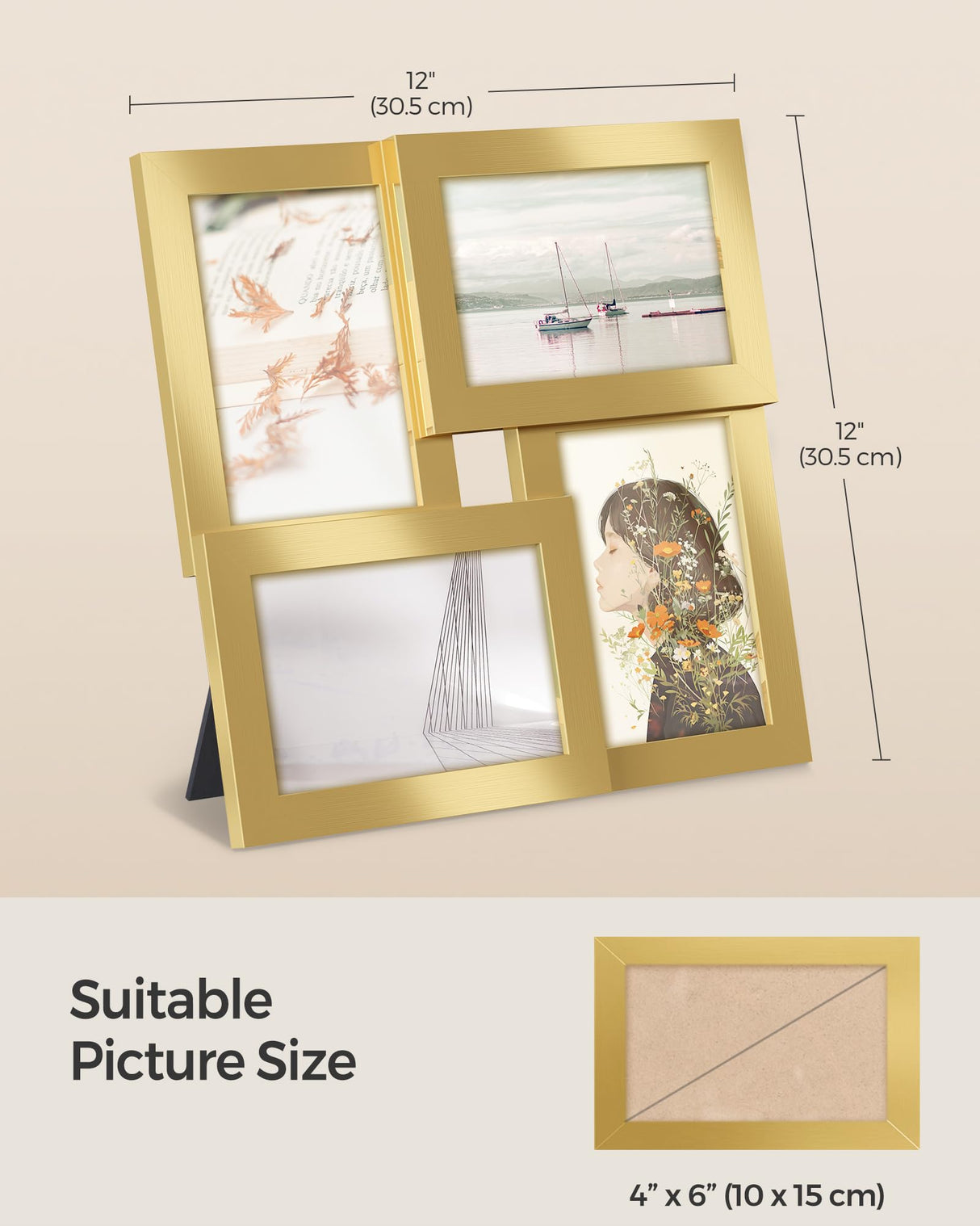 SONGMICS 4x6 Collage Picture Frames, Family Photo Collage Frame Set of 4 for Wall Decor, Glass Front, Wall Hanging or Tabletop, Pale Gold SONGMICS